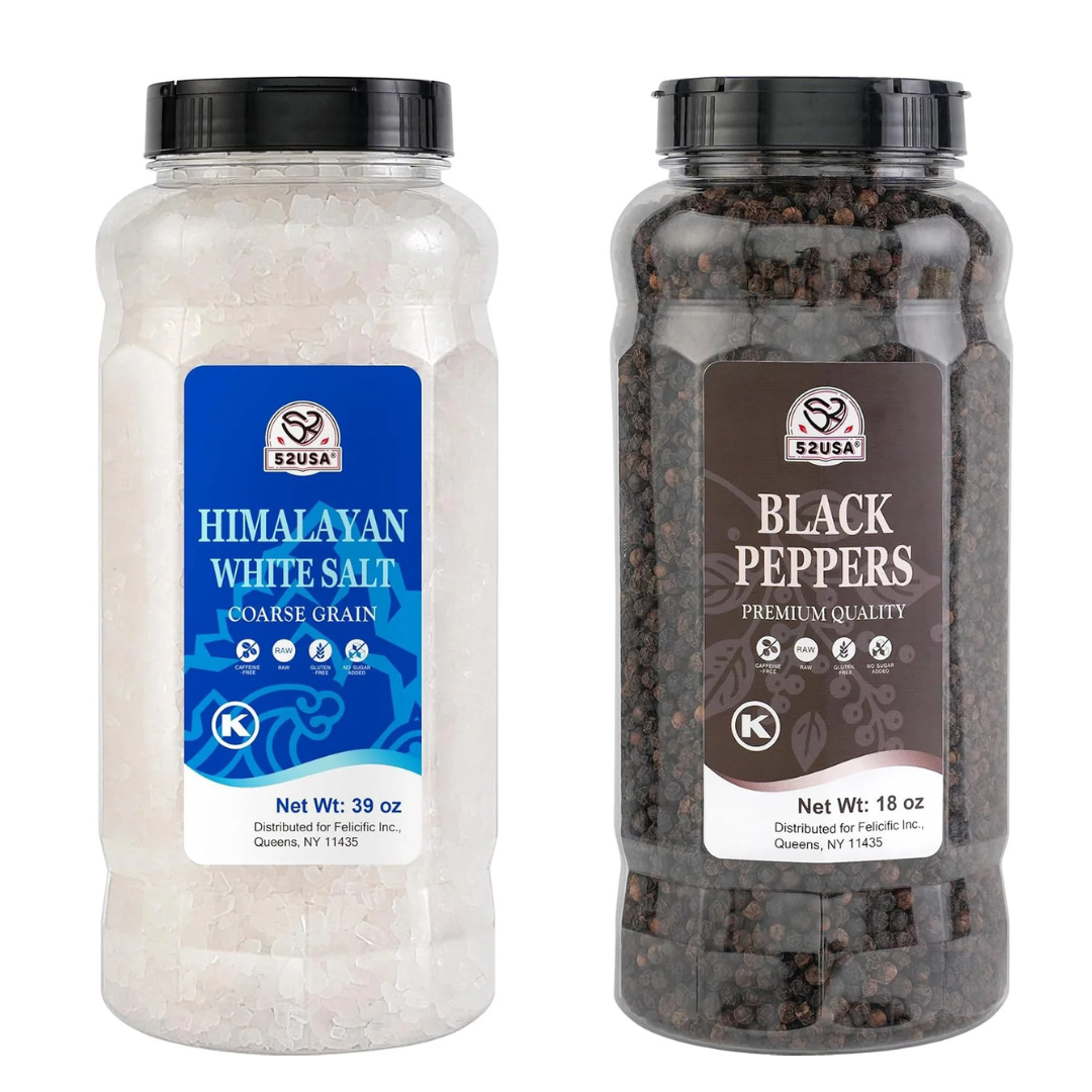 52USA Himalayan White Salt 39oz + Whole Black Peppercorns 18oz
