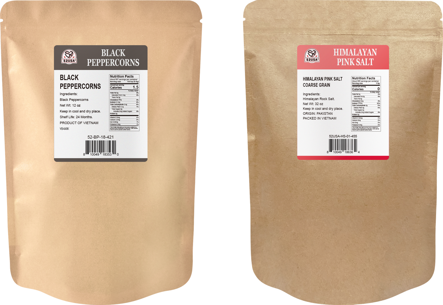 52usa Whole Black Peppercorns 12 oz + Himalayan Pink Salt (Coarse Grain) 2 lb