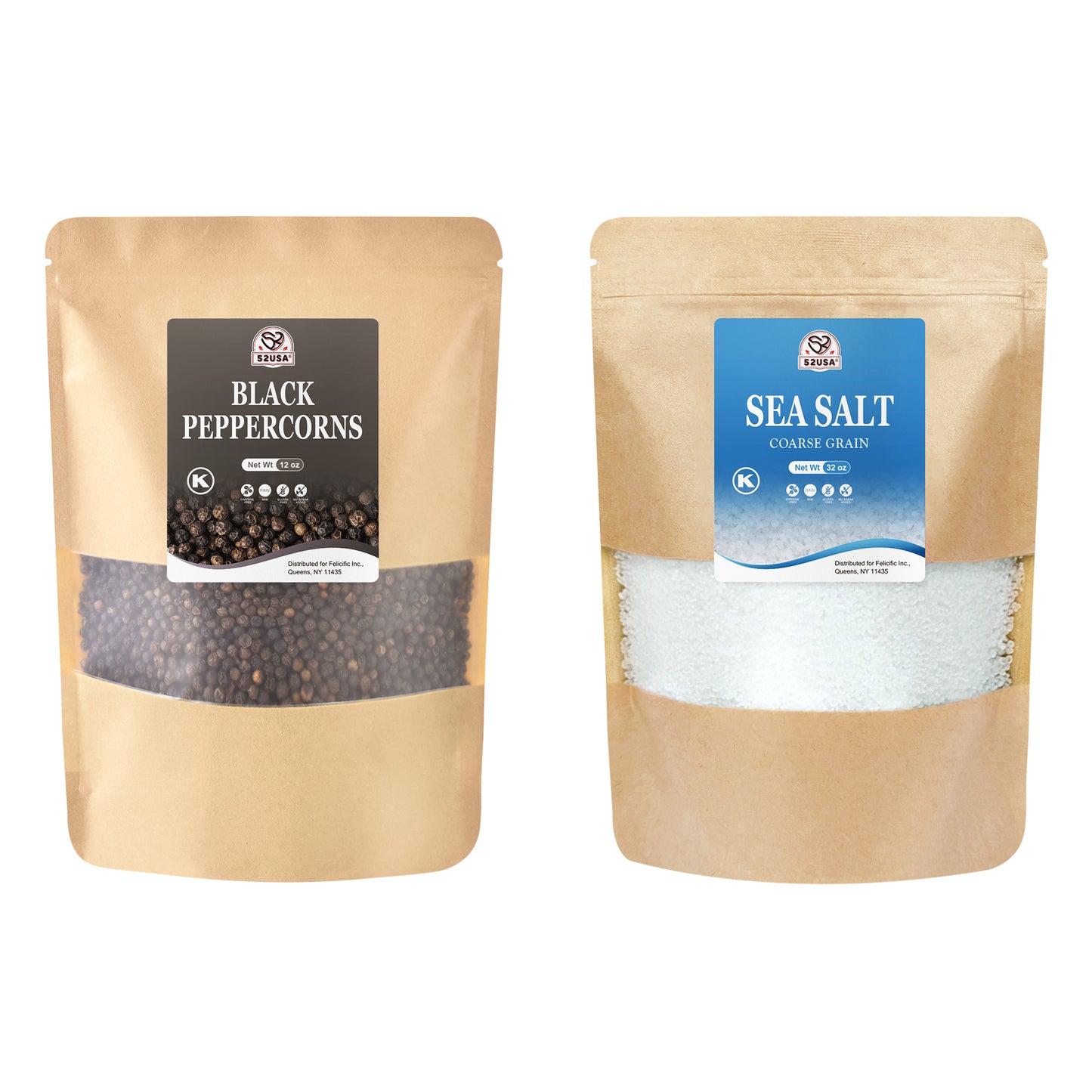 52USA Black Peppercorns 12 oz & Coarse Sea Salt 2lbs Combo