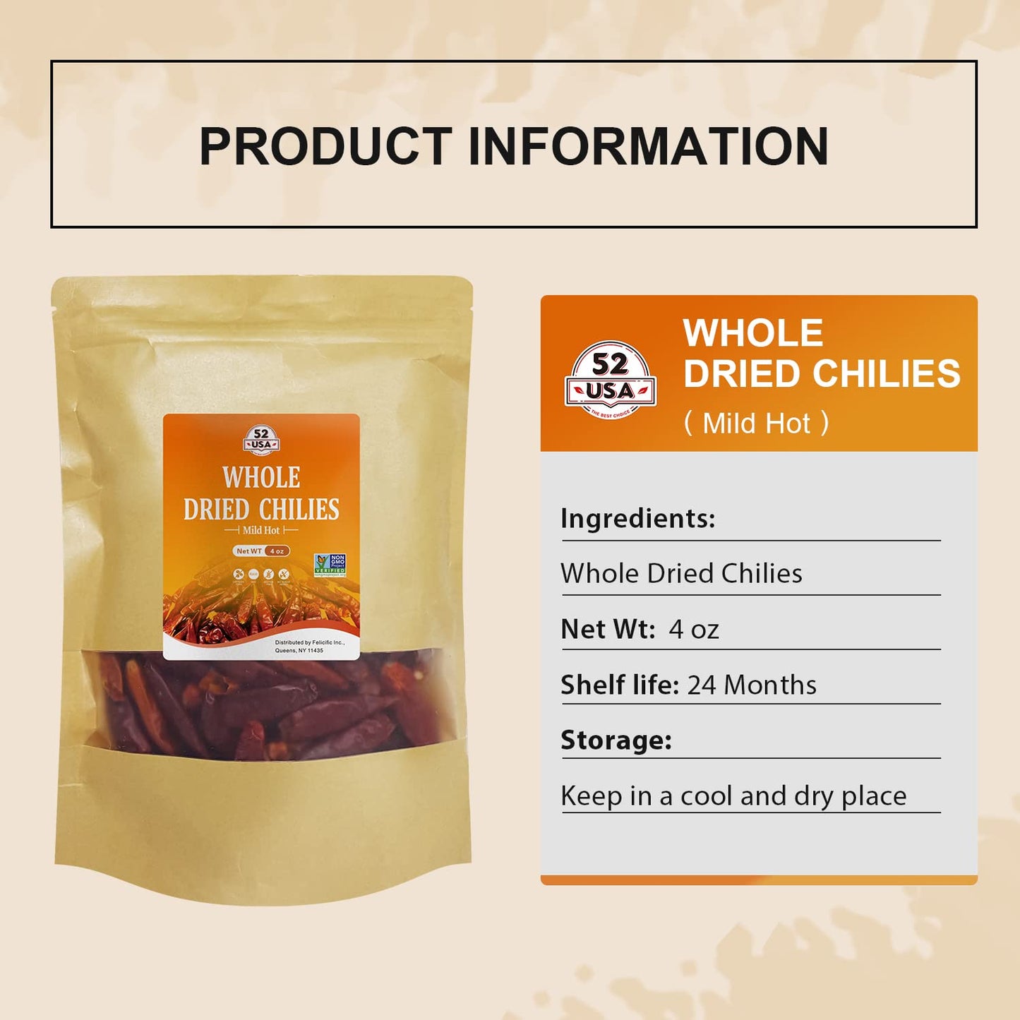 52USA Dried Chili Peppers, 4 OZ