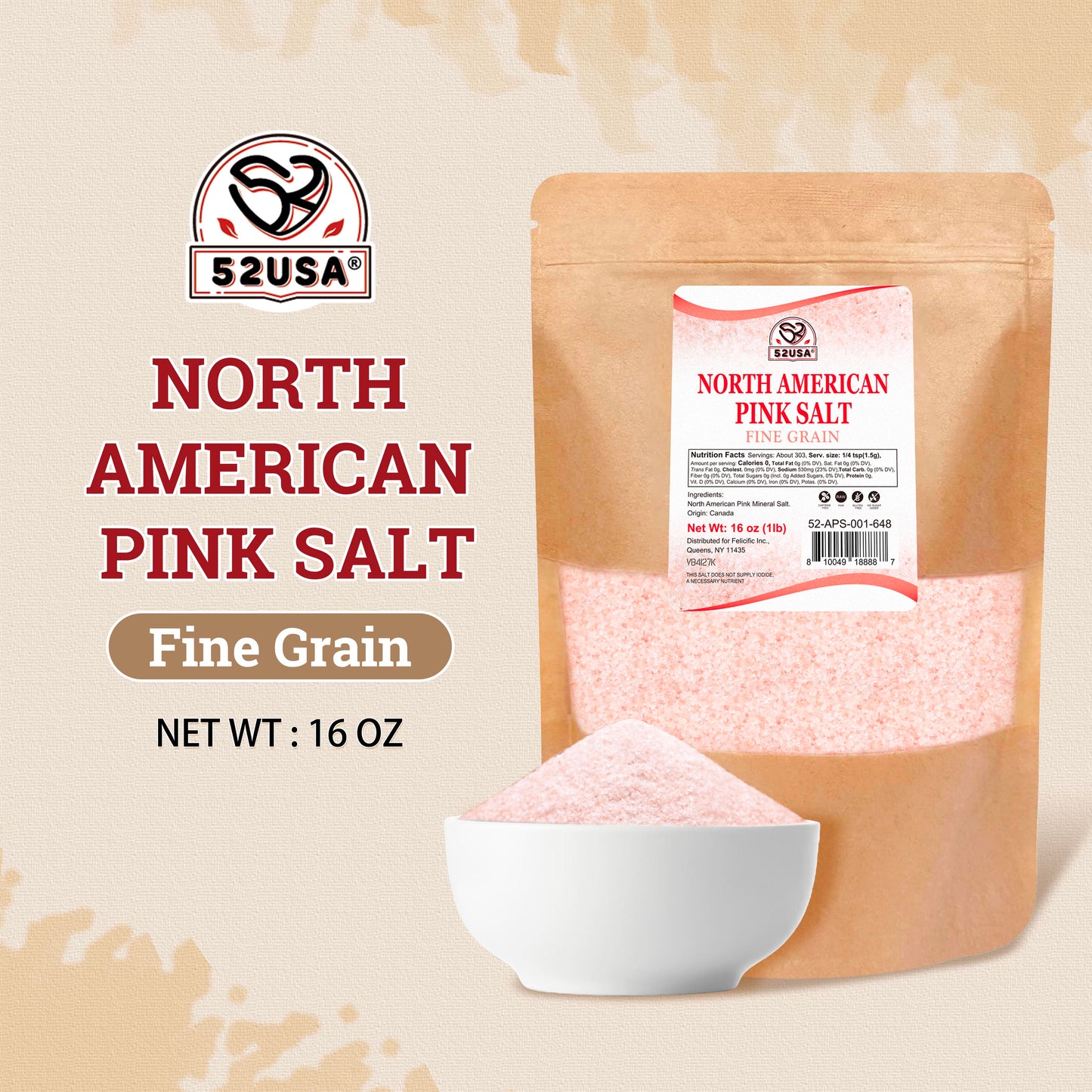 52USA North American Pink Salt, Fine Grain, 1lb