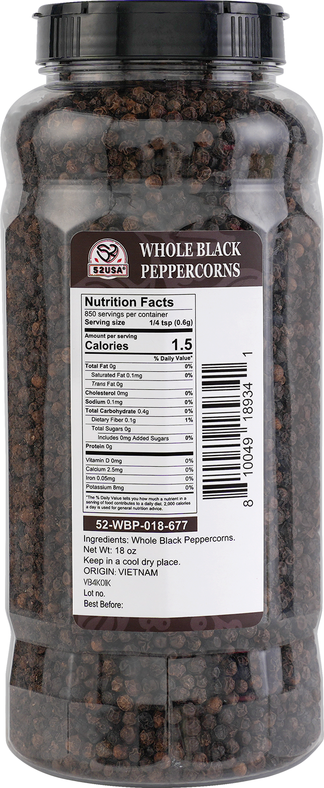 52USA Whole Black Peppercorns, 18oz (Pack of 1), Peppercorns for Grinder Refill, Gluten-Free, Kosher, Non-GMO, All Natural Black Pepper, Perfect for Cooking & Seasoning
