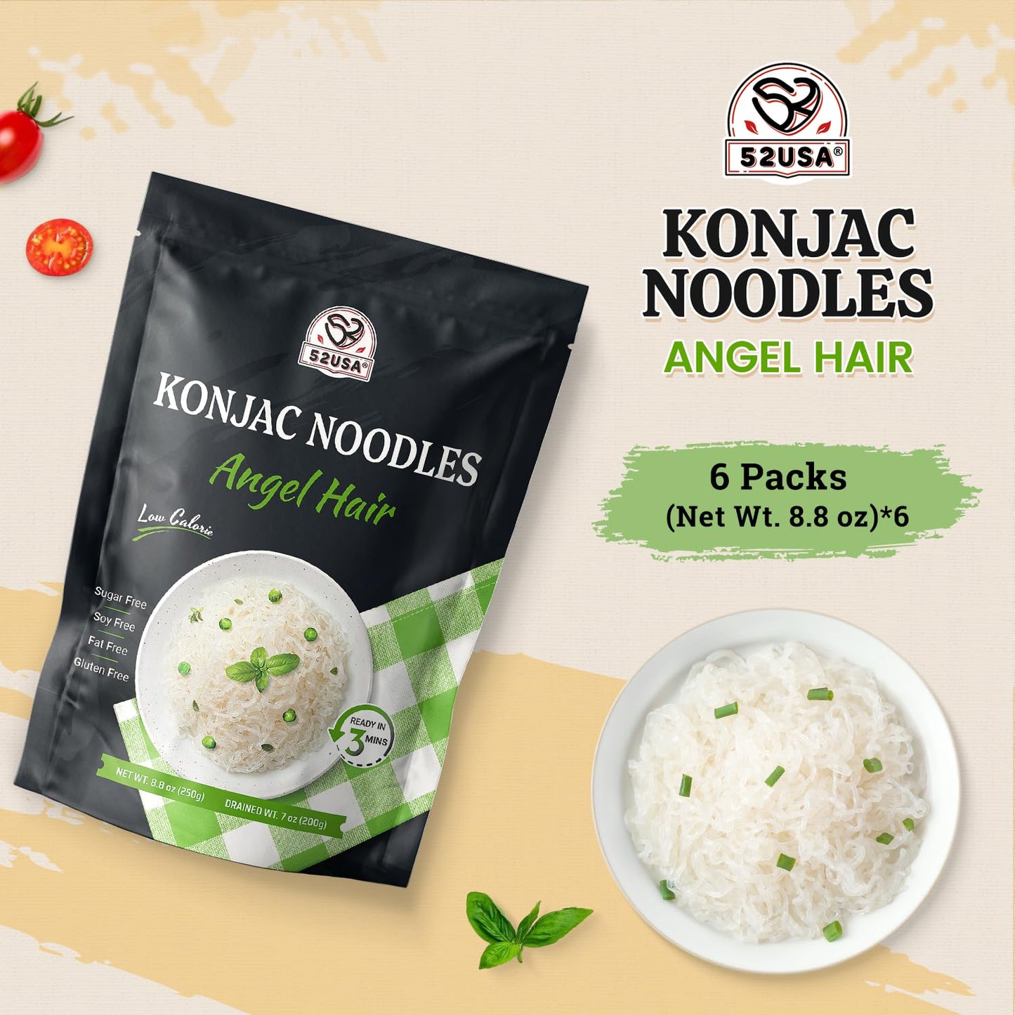 52USA Konjac Shirataki Noodles, Angel Hair, 6-Pack (52.8oz)