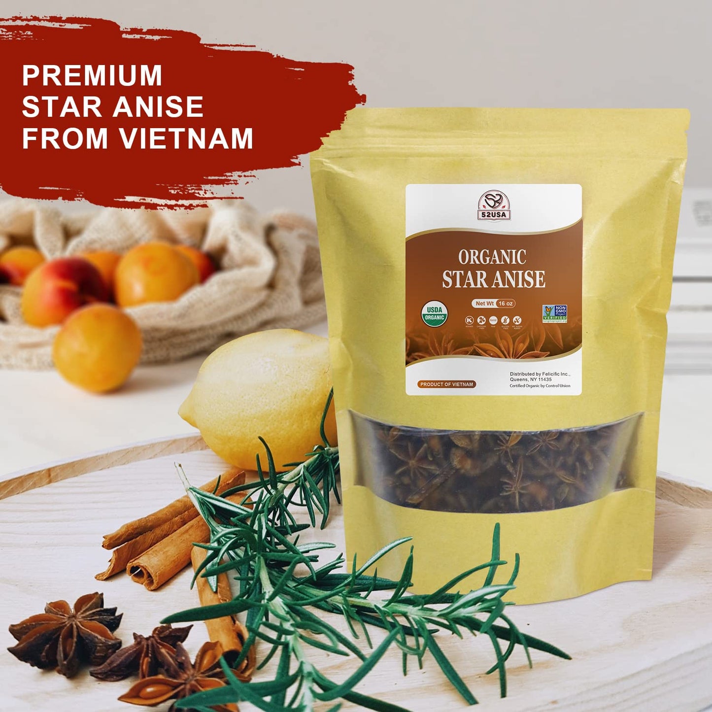 52USA Organic Star Anise Whole, 16oz