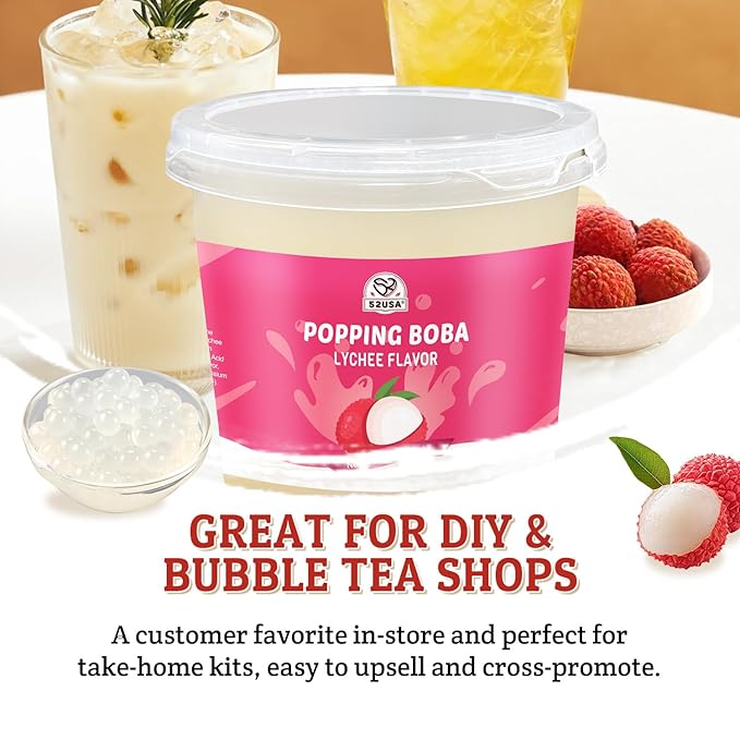 52USA Lychee Flavor Popping Boba Peals 7.05 Pound, Bursting Boba Pearls for Bubble Tea, Beverages, Ice Cream, Shakes, Yogurt, Desserts, Smoothies & Drinks Toppings