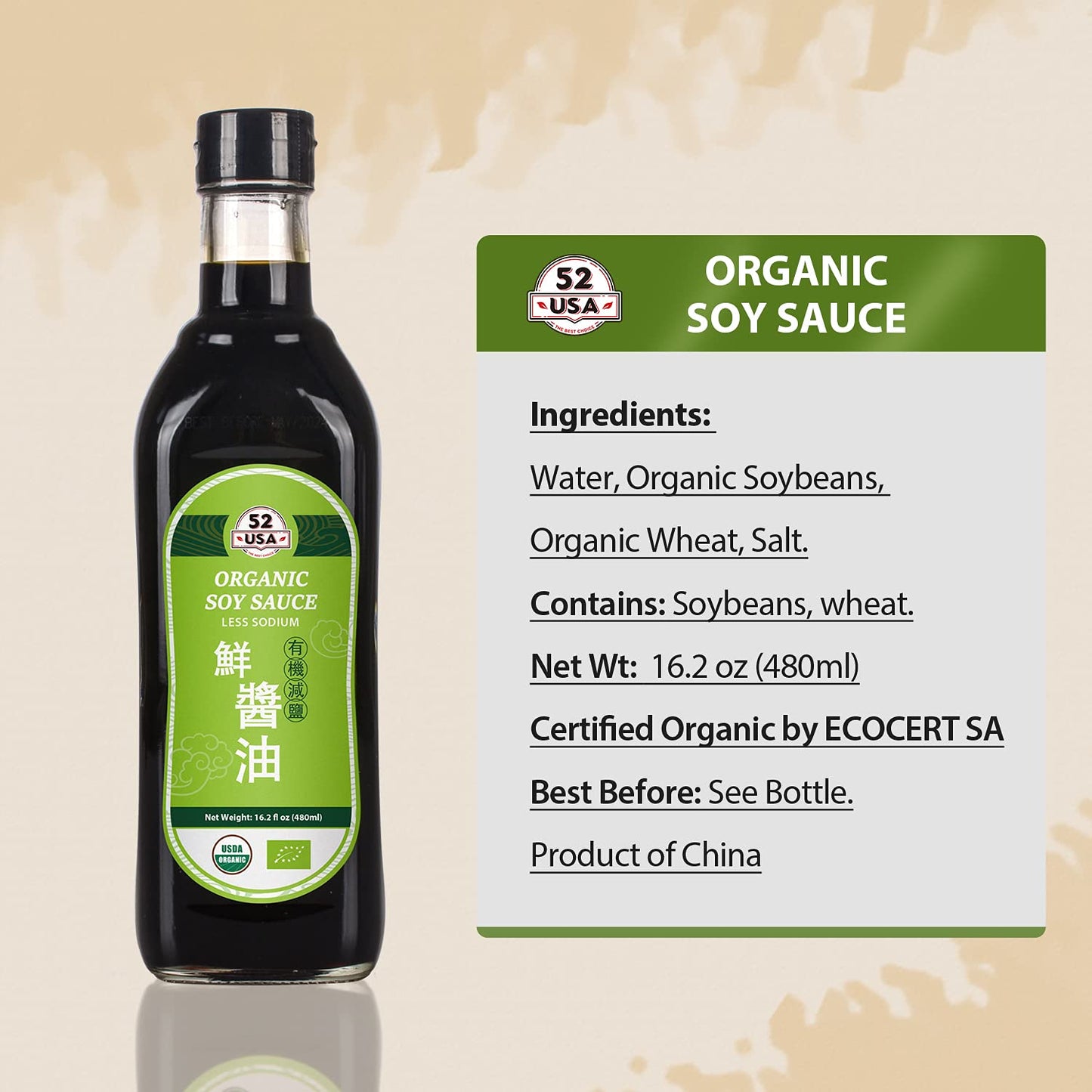 52USA Organic Soy Sauce – Low Sodium, 16.2oz