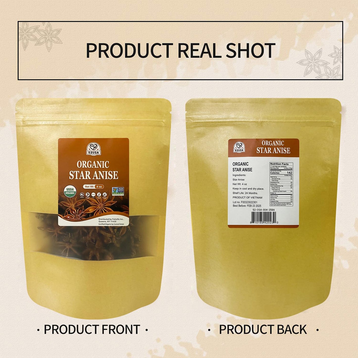 52USA Organic Star Anise - 4oz | Non-GMO, Whole Spice | Premium Quality for Cooking, Baking & Tea | Natural Flavor & Aroma
