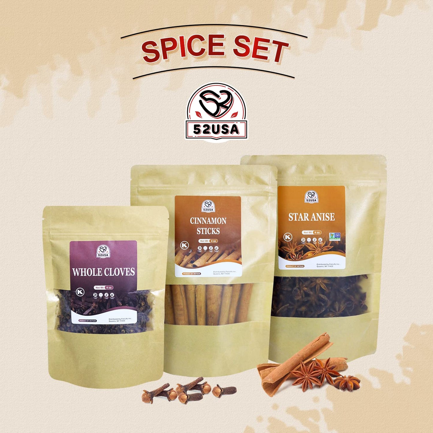52USA Cinnamon Sticks, Star Anise, Whole Cloves – 4oz Each