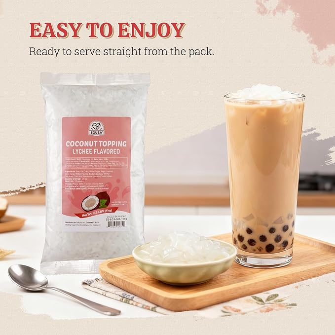 52USA Lychee Flavored Coconut Jelly 1kg (2.2 lbs) Topping for Desserts and Boba Tea, Premium Coconut Gel Strip for Smoothies and Drink