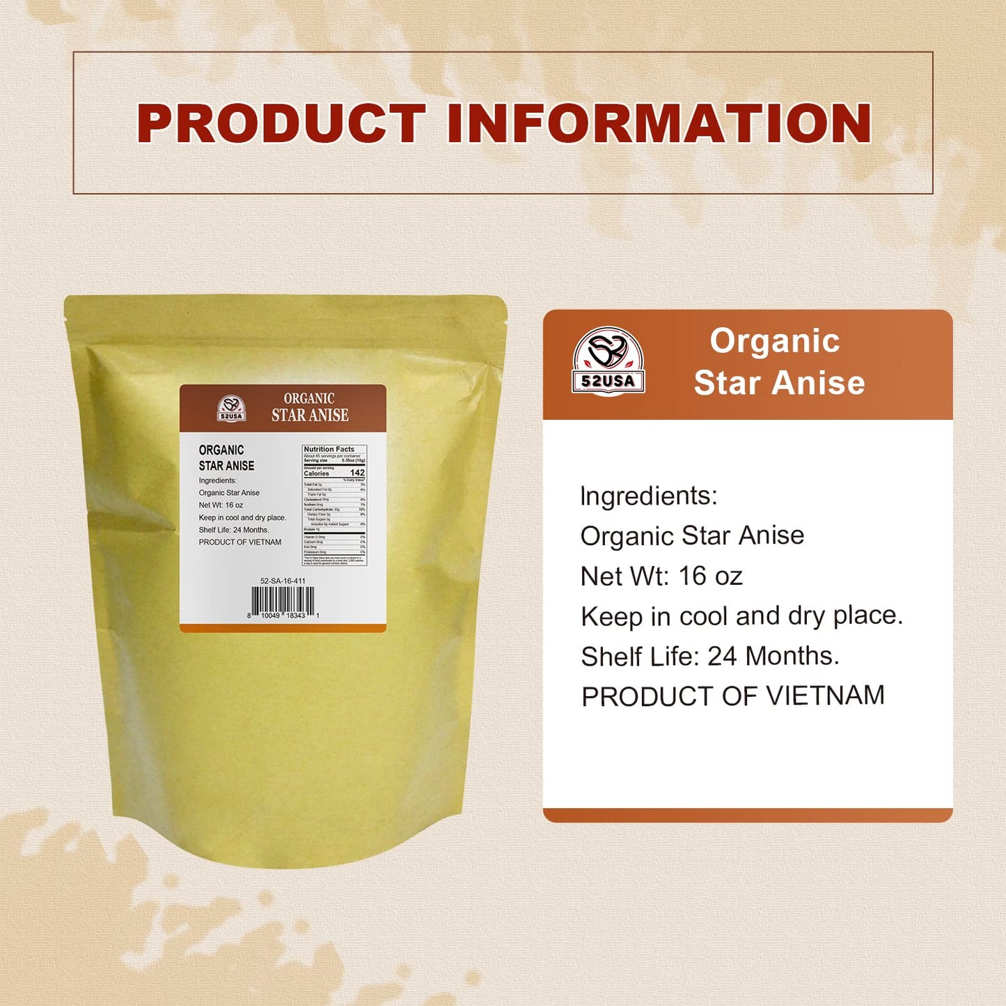 52USA Organic Star Anise Whole, 16oz
