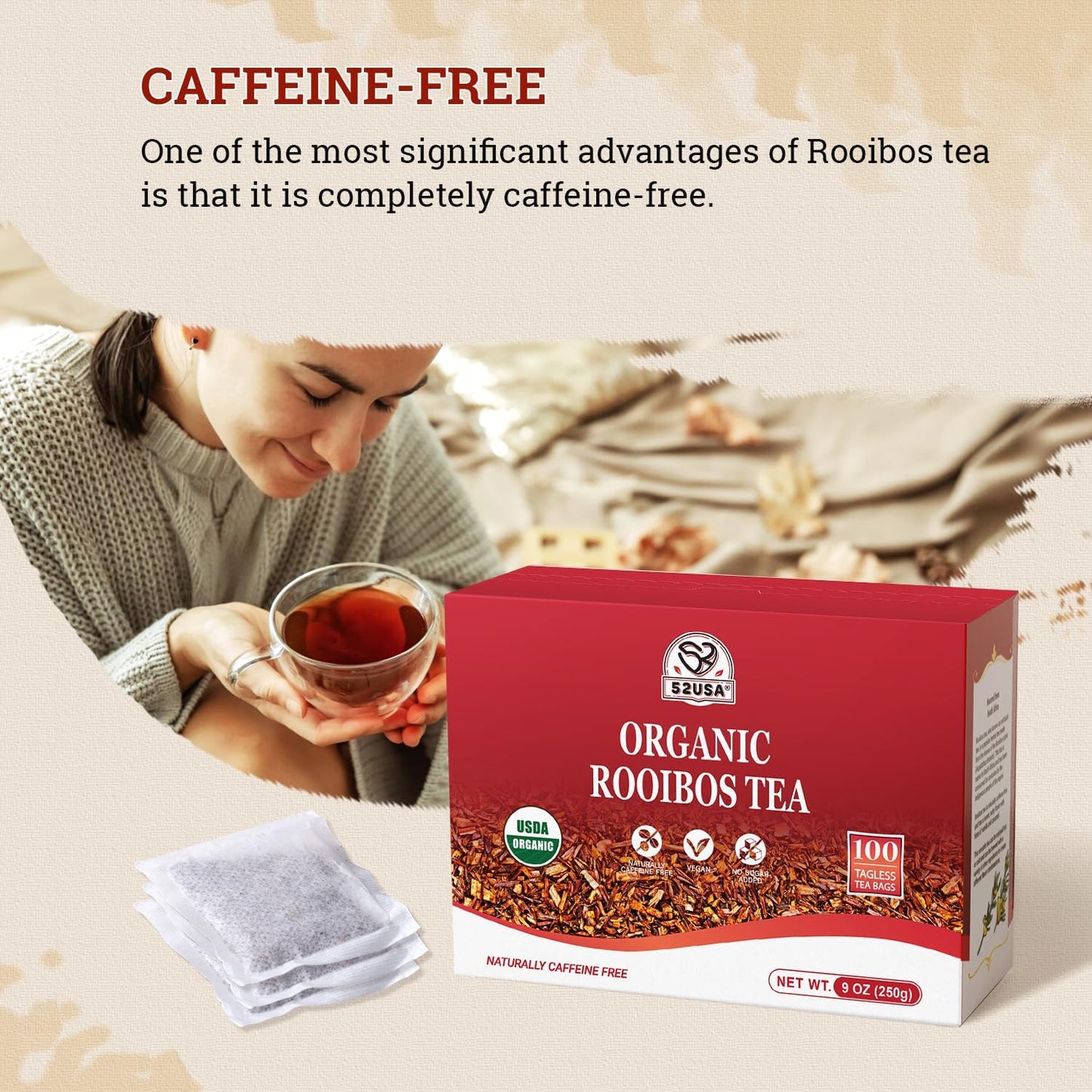 52USA Red Rooibos Tea Bags, 80 Tea Bags, Rooibos Tea Organic Pure Premium Rooibos Chai Tea, Herbal Tea, Naturally Sweet & Caffeine-Free, Farmed in South Africa, USDA Organic, 7oz (200g)