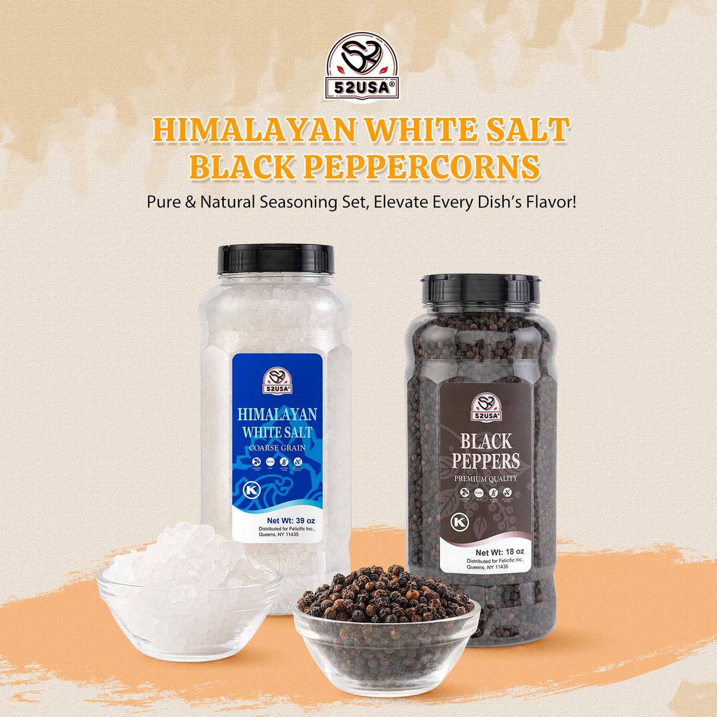 52USA Himalayan White Salt 39oz + Whole Black Peppercorns 18oz