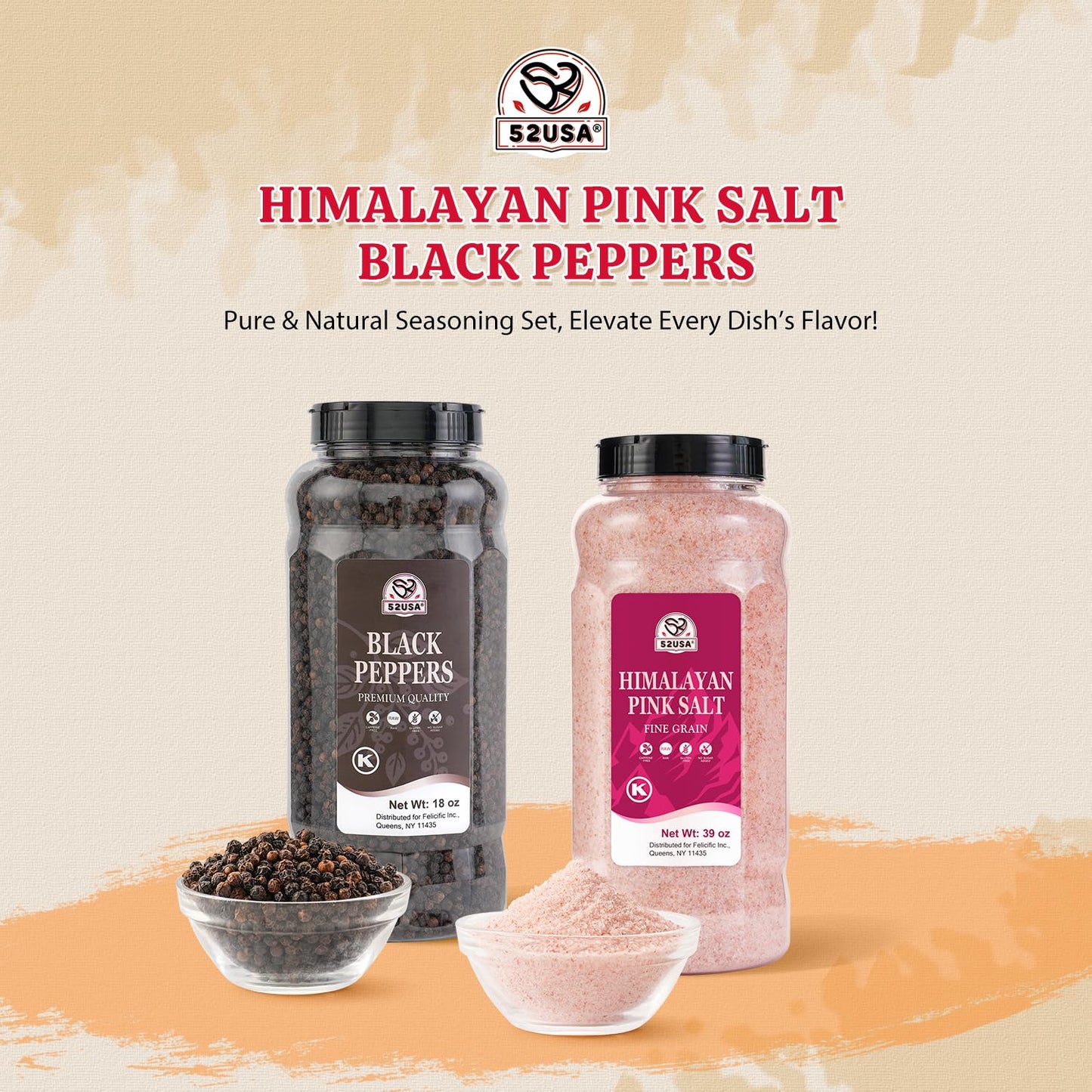 52USA Black Peppercorns 18oz + Fine Himalayan Pink Salt 39oz
