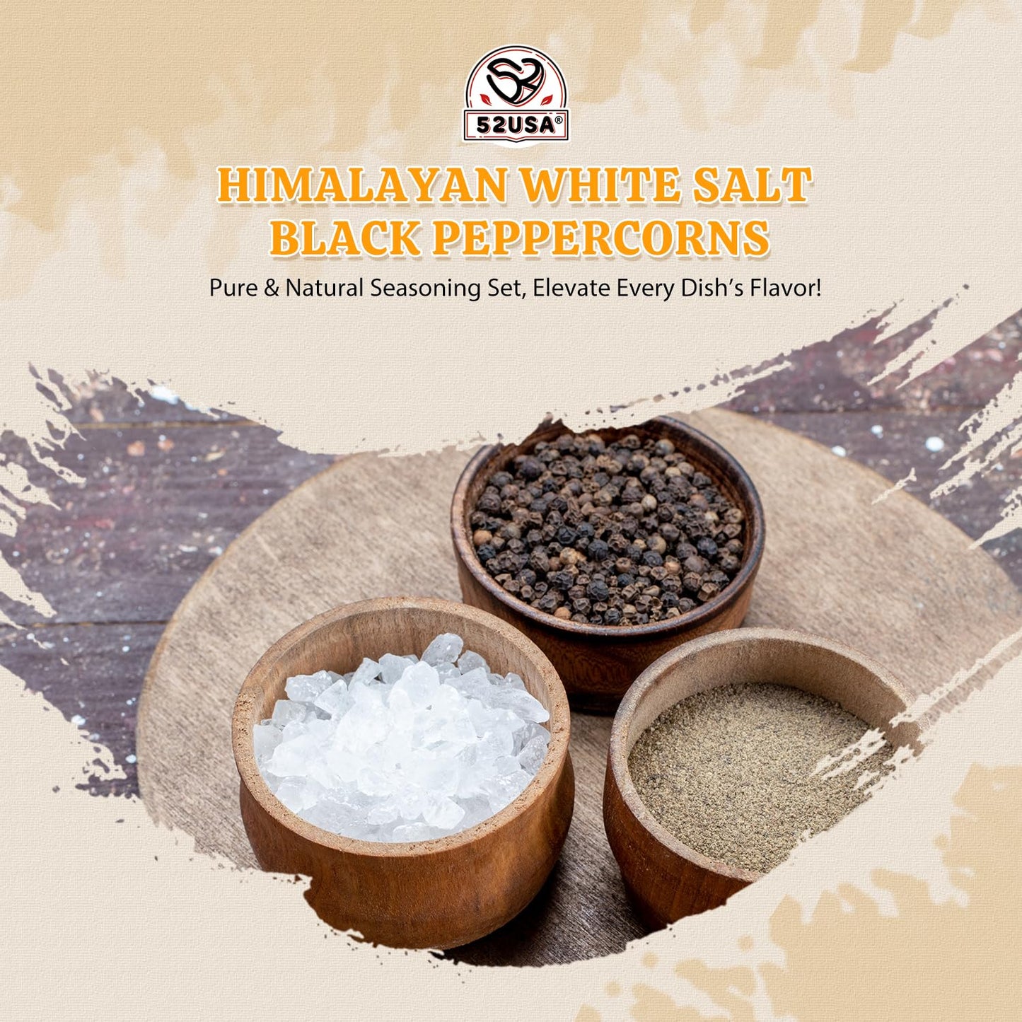 52USA Himalayan White Salt 39oz + Whole Black Peppercorns 18oz