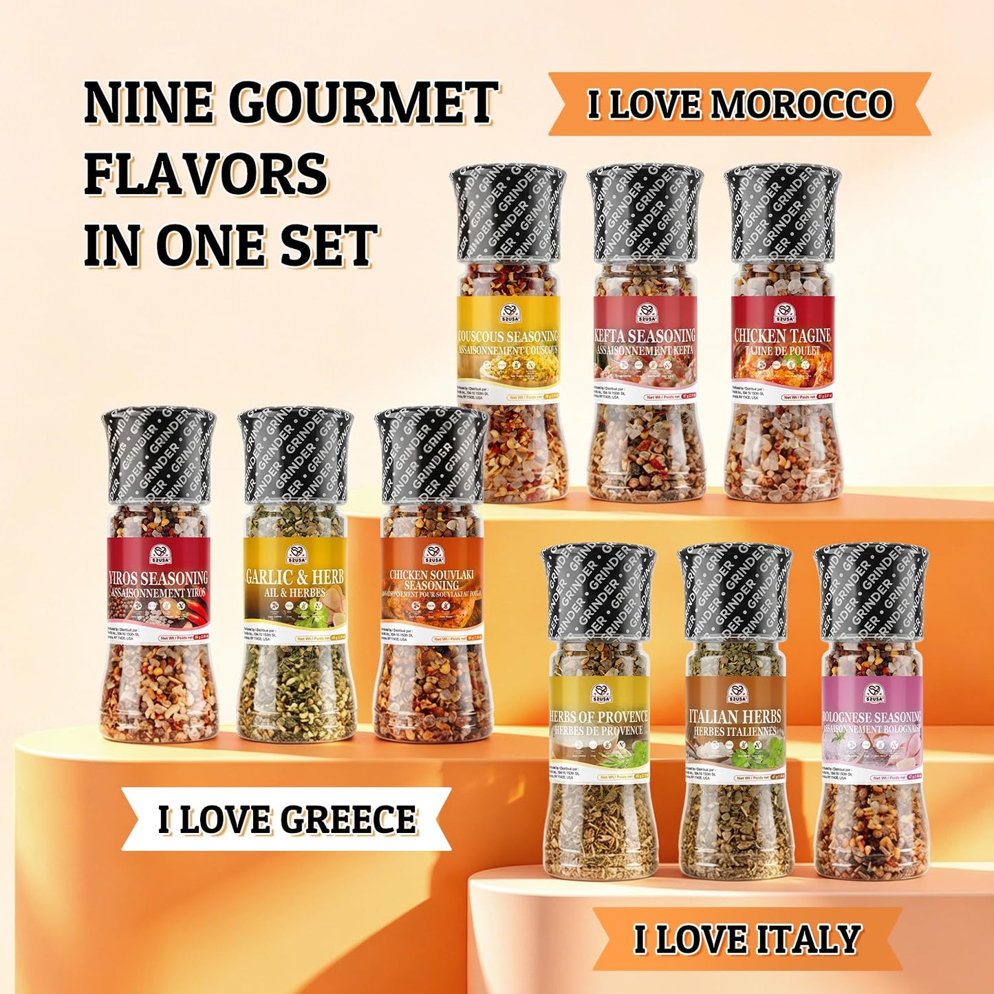 52USA Spice Grinder Seasoning Set of 9, Medfusion Seasoning Set, Assorted Regional Seasoning Blends, All Purpose 9-in-1 Blend for Cooking, Grilling, Marinating & Daily Kitchen Use