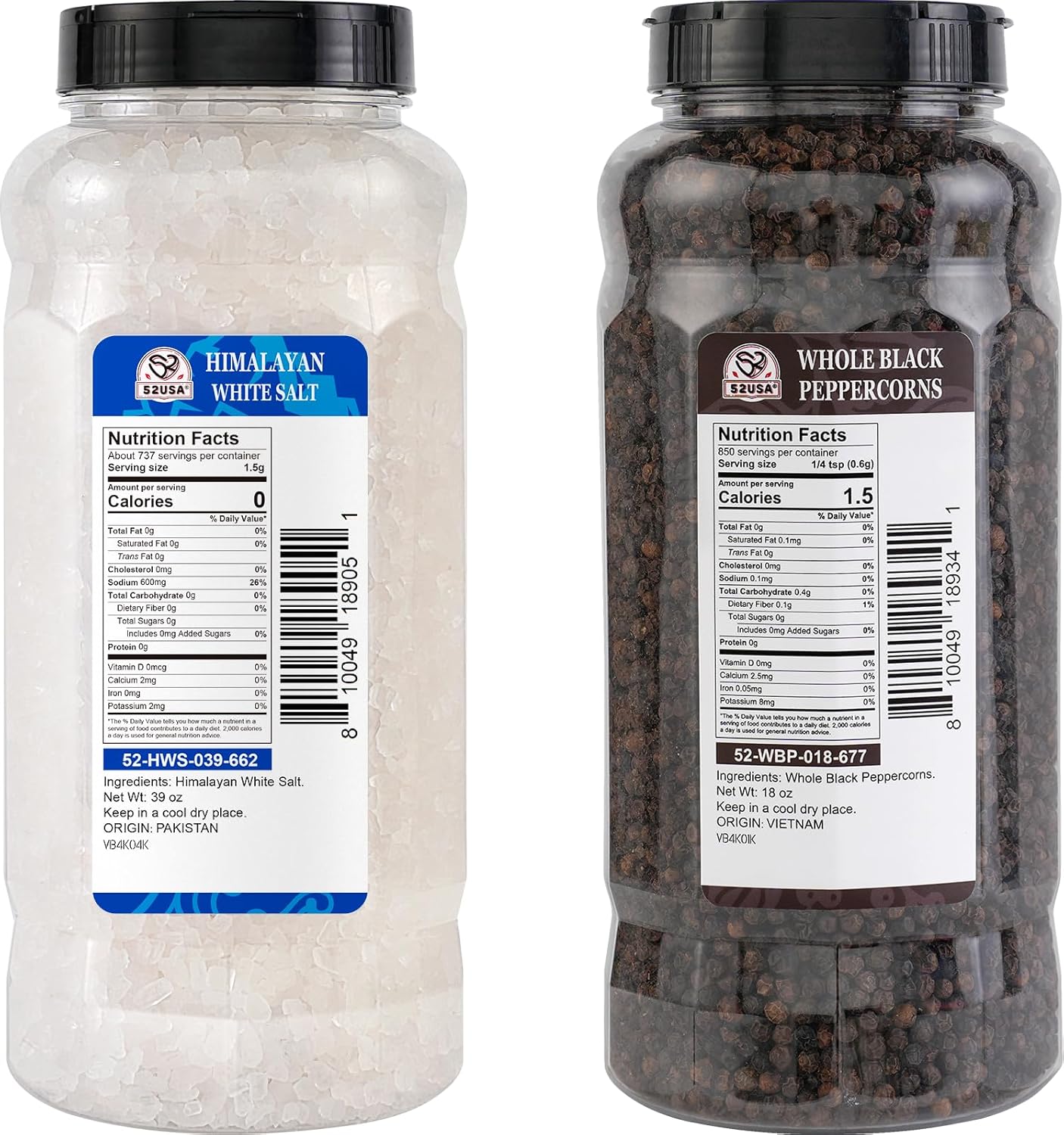 52USA Himalayan White Salt 39oz + Whole Black Peppercorns 18oz
