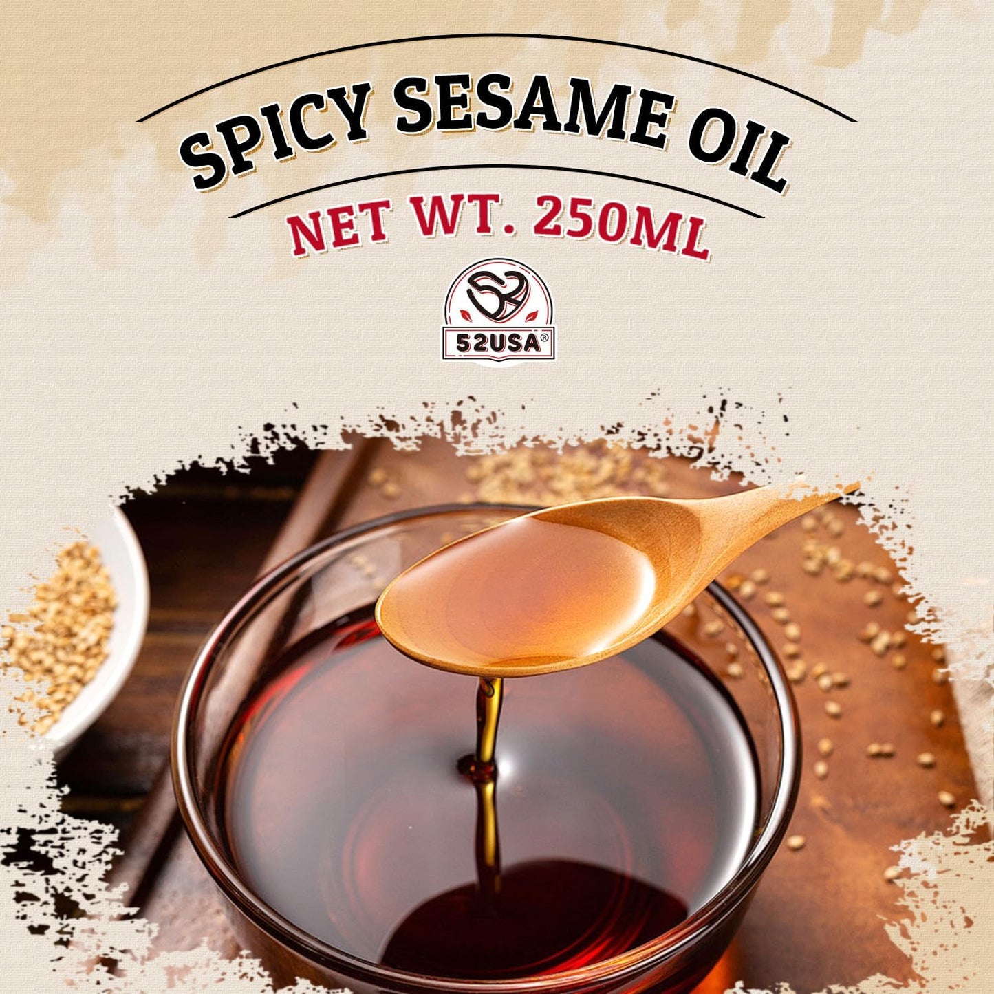 52USA Premium Spicy Sesame Oil, Toasted Seasame Chili Oil 2 Pack, 8.45 Fl oz (250 ml*2), Aromatic Chili-Infused Flavor, Bold Heat & Nutty Taste, Ideal for Asian Cooking, Baking & Soups, Marinades
