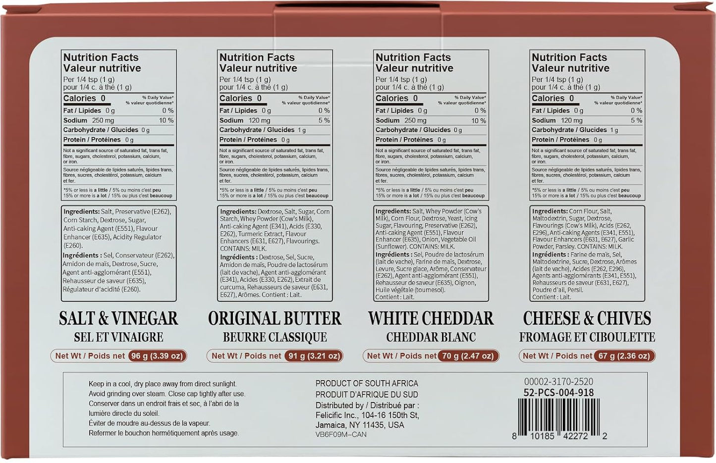 52USA Popcorn Seasoning Set, Multi-Flavor Variety Pack, Popcorn Spice Set | White Cheddar Cheese, Original Butter, Cheese & Chives, Salt & Vinegar, Old Fashioned (Pack of 4)