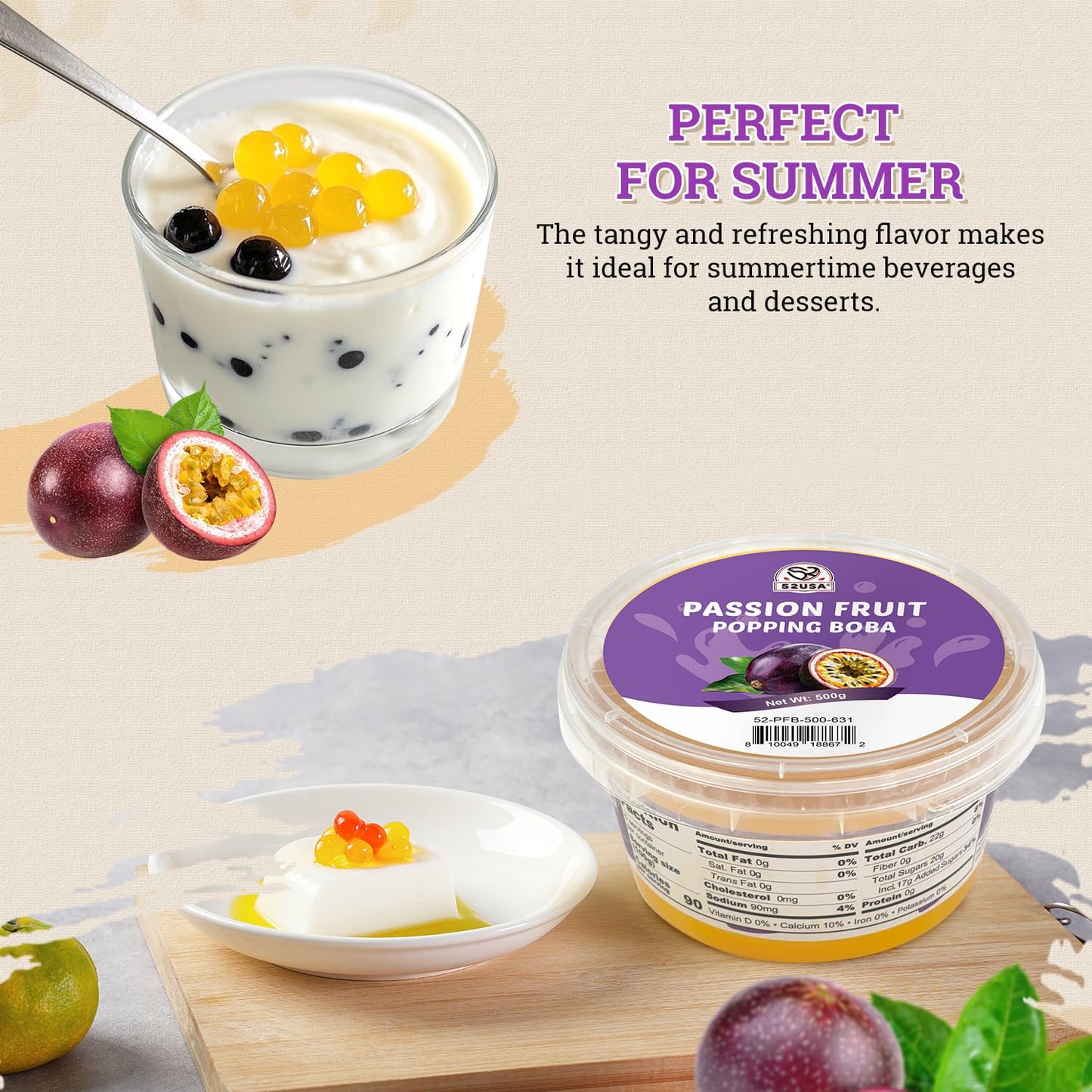 52USA Passion Fruit Popping Boba1.1 Pound (Pack of 2), Bursting Boba Pearls | Bursting Popping Pearls for Bubble Tea, Beverages, Sweets, Ice Cream, Shakes, Desserts & Smoothies Topping, 1000g