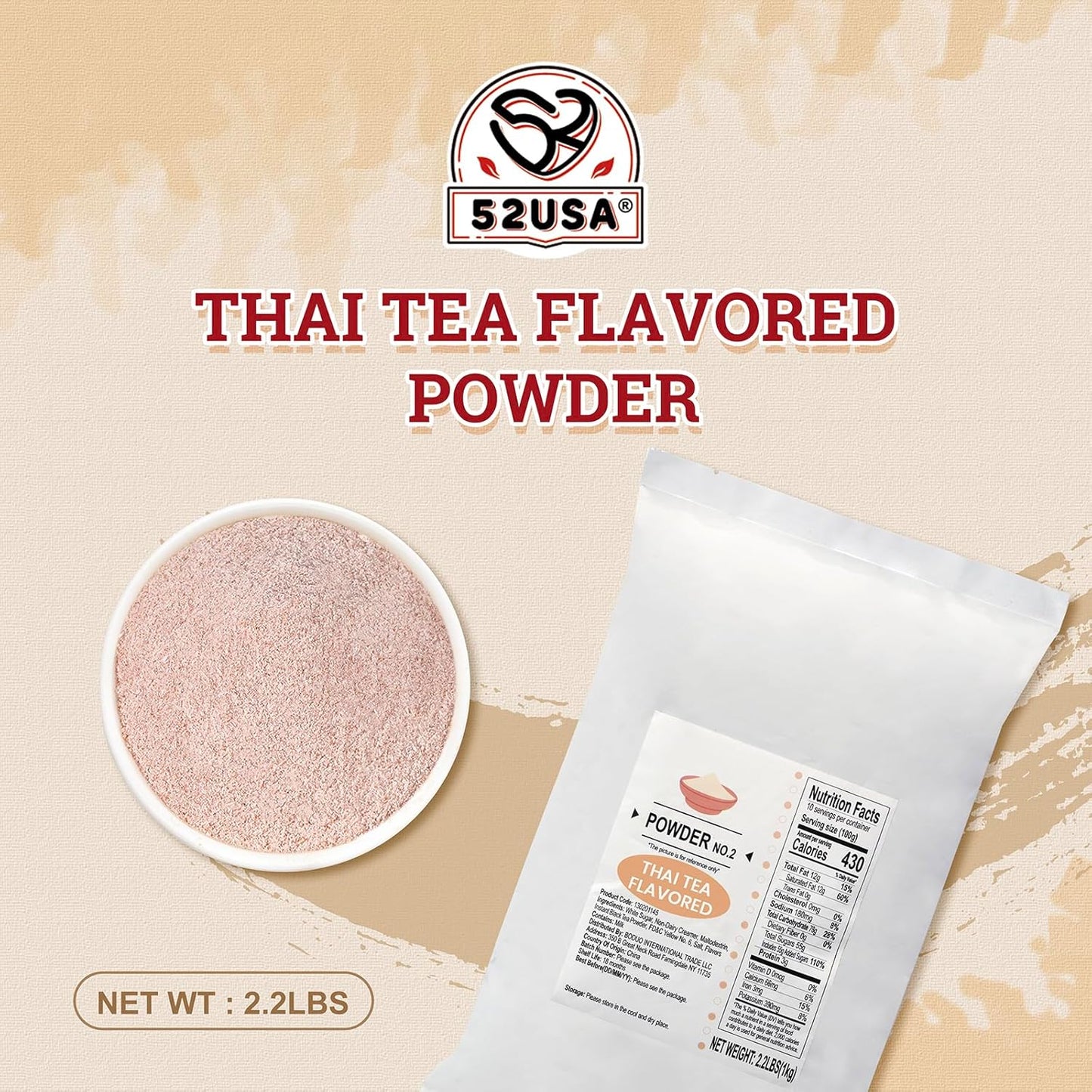 52USA Thai Tea Flavored Powdered Drink Mix, Thai Tee Mix 2.2 lbs, Instant Milk Tea Mix with Creamer & Sugar, Easy to Prepare for Boba, Desserts & More