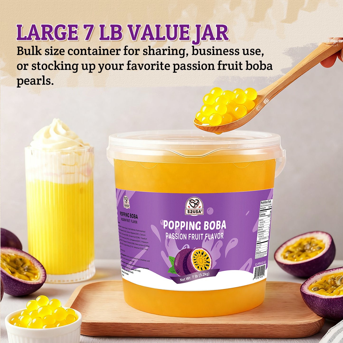 52USA Passion Fruit Popping Boba Peals 7.05 Pound (3.2kg), Bursting Boba Pearls for Bubble Tea, Beverages, Ice Cream, Shakes, Yogurt, Desserts, Smoothies & Drinks Toppings