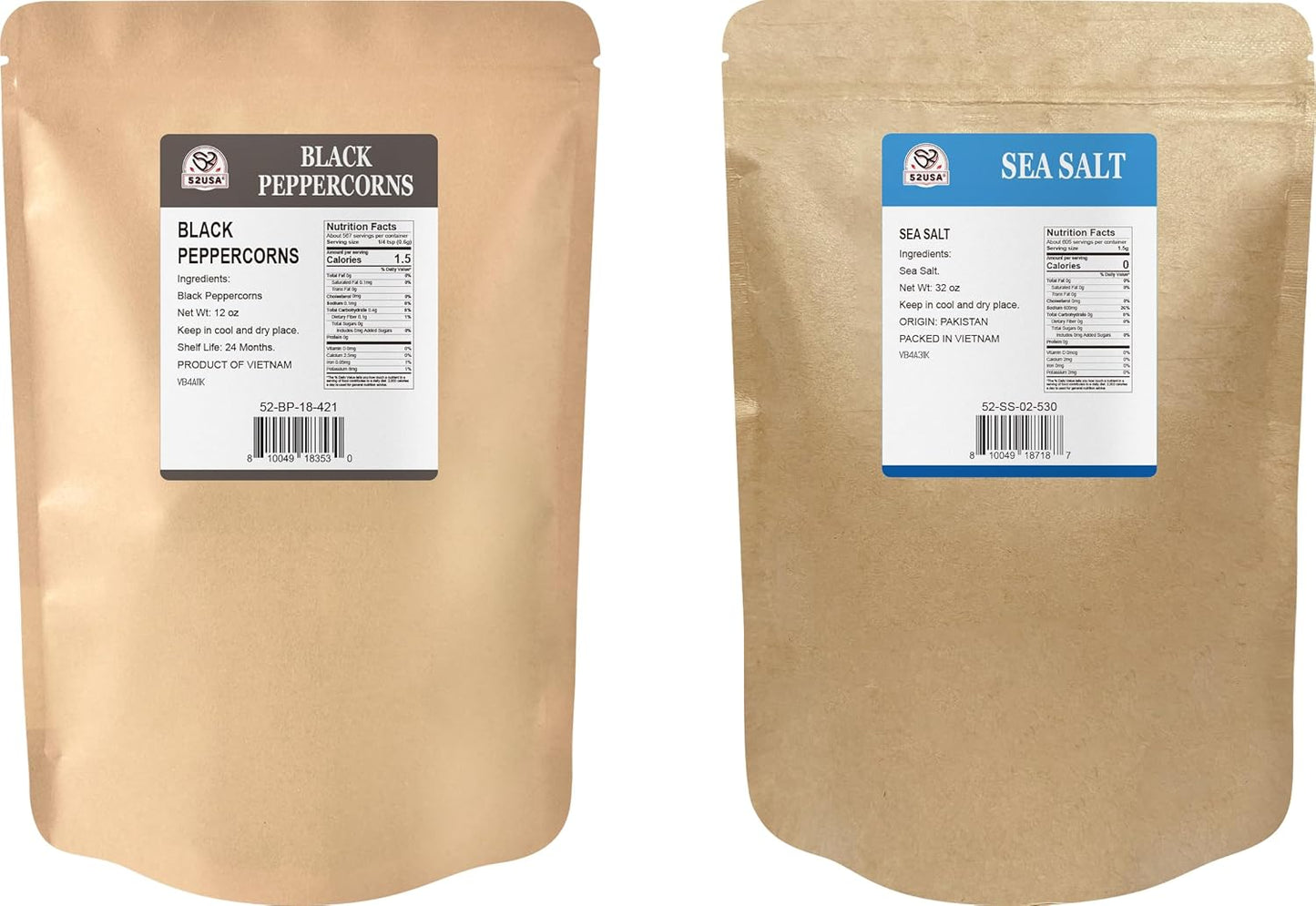 52USA Black Peppercorns 12 oz & Coarse Sea Salt 2lbs Combo