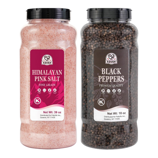 52USA Black Peppercorns 18oz + Fine Himalayan Pink Salt 39oz