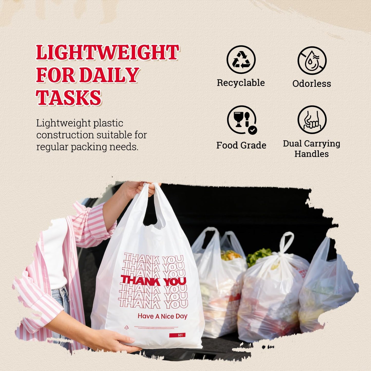 52USA Thank You Plastic Bags, Tee Shirt Bag with Handles (70 Count),White Plastic Shopping Bags (11.5" x 6.5" x 21") -Reusable Plastiic Bags for Grocery, Retail & Takeout, Made in US
