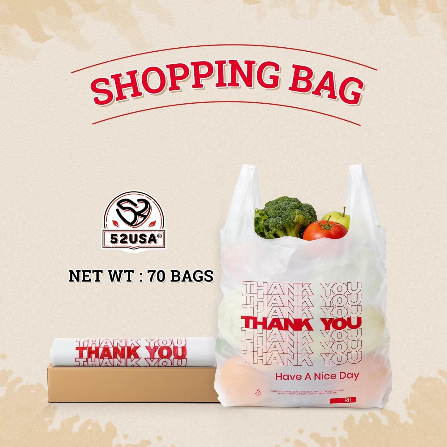 52USA Thank You Plastic Bags, Tee Shirt Bag with Handles (70 Count),White Plastic Shopping Bags (11.5" x 6.5" x 21") -Reusable Plastiic Bags for Grocery, Retail & Takeout, Made in US