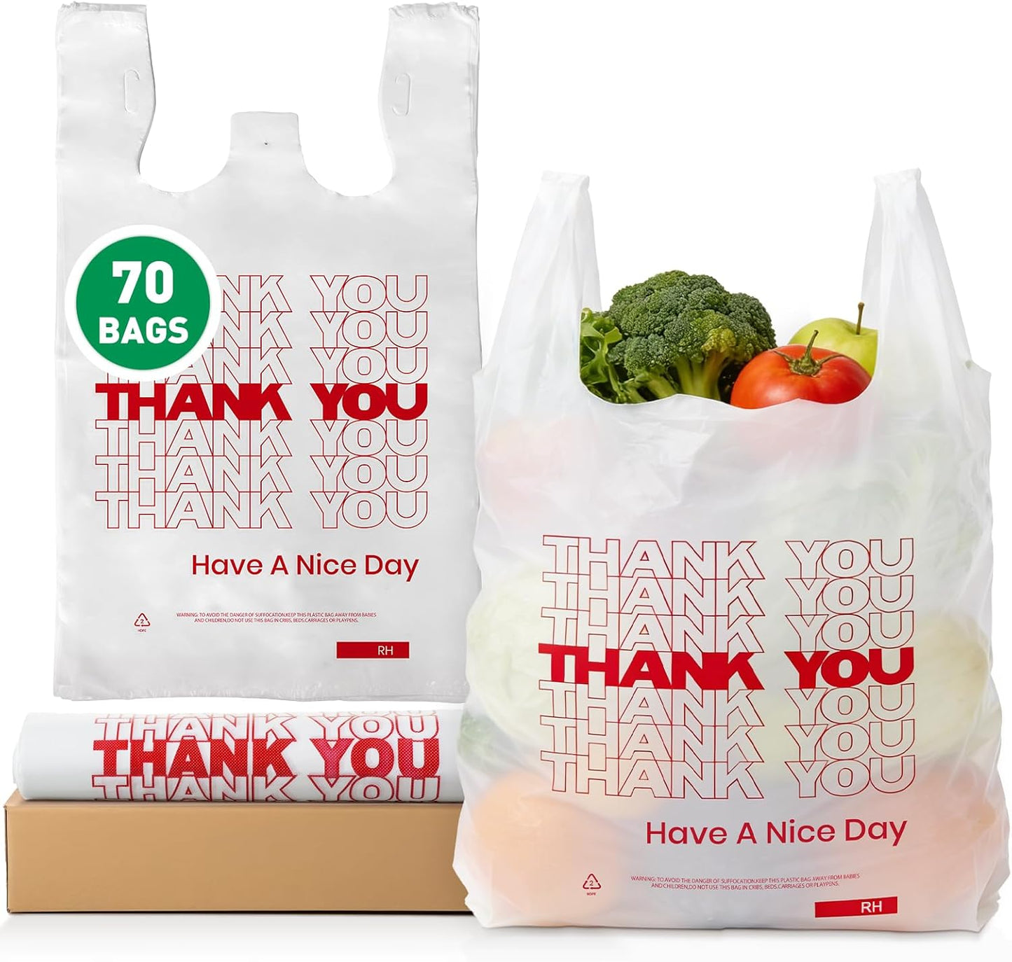 52USA Thank You Plastic Bags, Tee Shirt Bag with Handles (70 Count),White Plastic Shopping Bags (11.5" x 6.5" x 21") -Reusable Plastiic Bags for Grocery, Retail & Takeout, Made in US