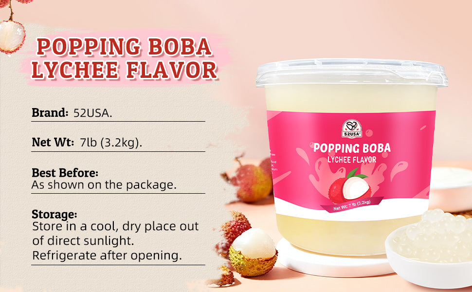 52USA 7.05 lb Lychee Popping Boba Peals, Bursting Popping Boba for Bubble Tea, Beverages, Ice Cream, Shakes, Yogurt, Desserts, Smoothies & Drinks Toppings(3.2kg)