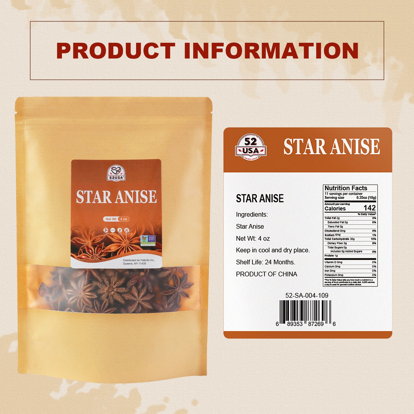 52USA Star Anise Whole, 4 Ounce (Pack of 1), NON-GMO Verified Chinese Star Anise Whole, Dried Star Anises Pods for Tea and baking