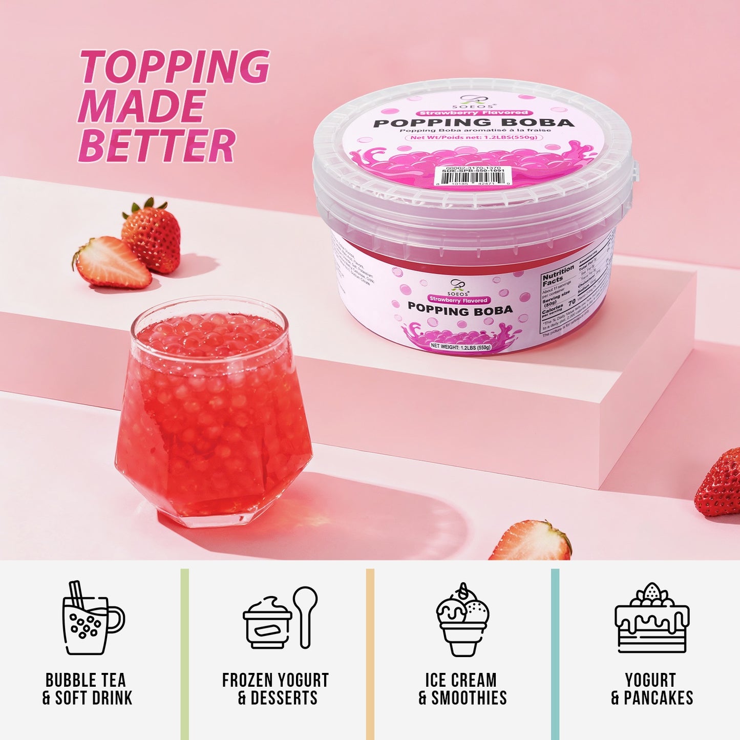 52USA Taro Strawberry Bubble Tea Kit: Taro Powder 1kg + Strawberry Popping Boba 550g – DIY Summer Drink Duo