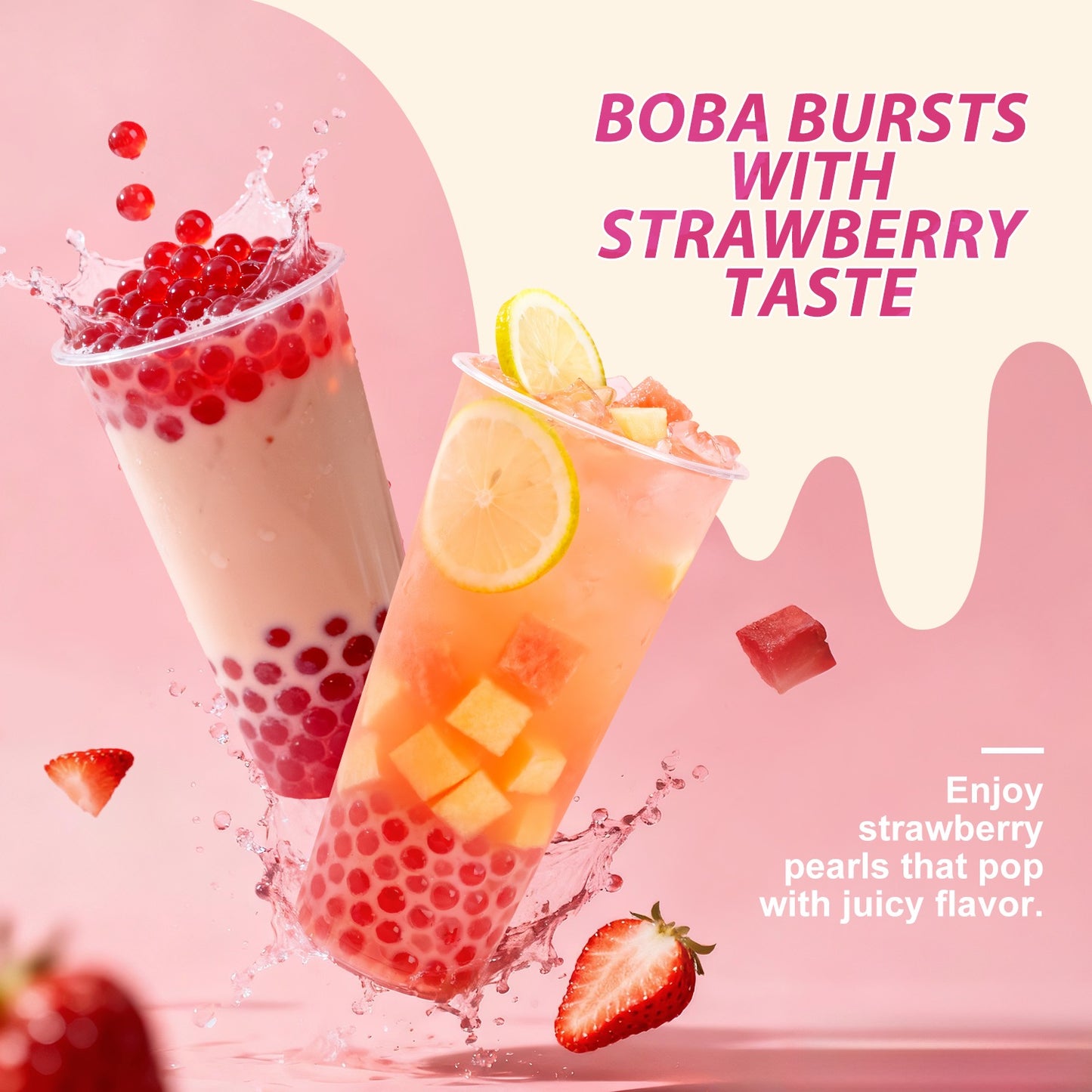 52USA Taro Strawberry Bubble Tea Kit: Taro Powder 1kg + Strawberry Popping Boba 550g – DIY Summer Drink Duo