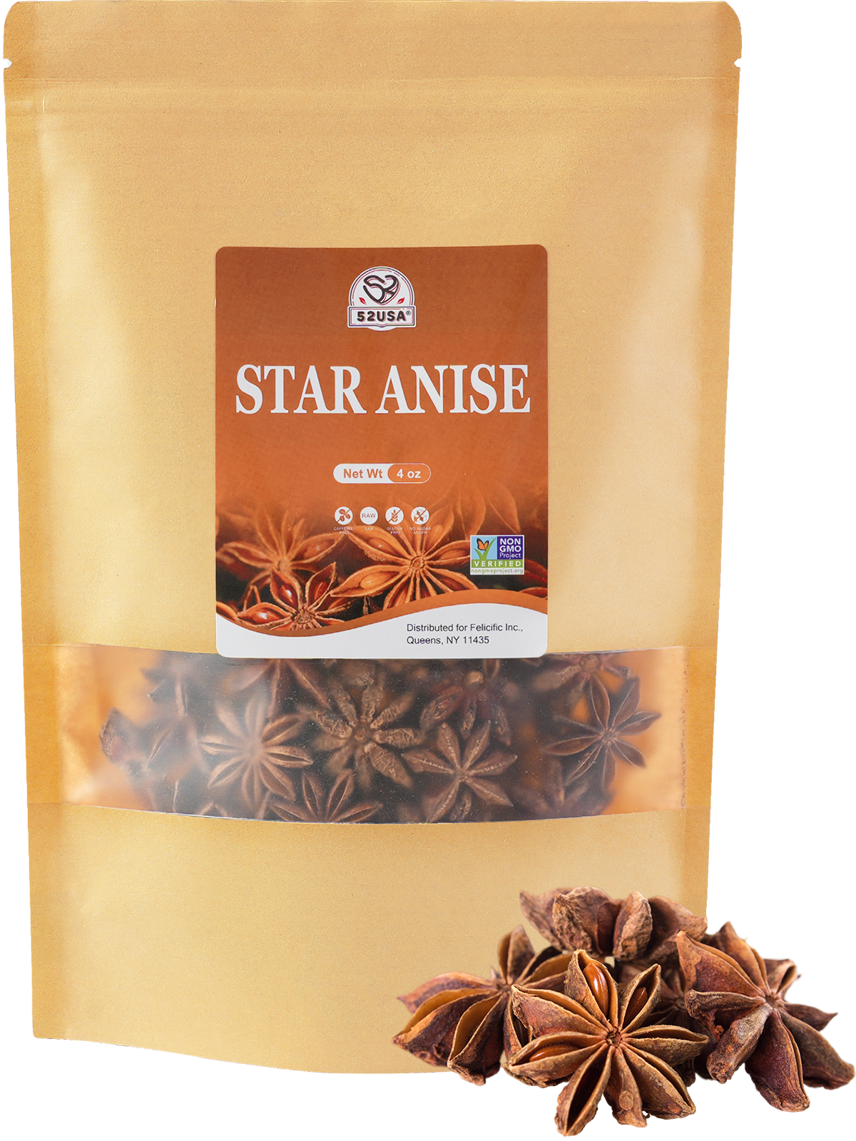 52USA Star Anise Whole, 4 Ounce (Pack of 1), NON-GMO Verified Chinese Star Anise Whole, Dried Star Anises Pods for Tea and baking