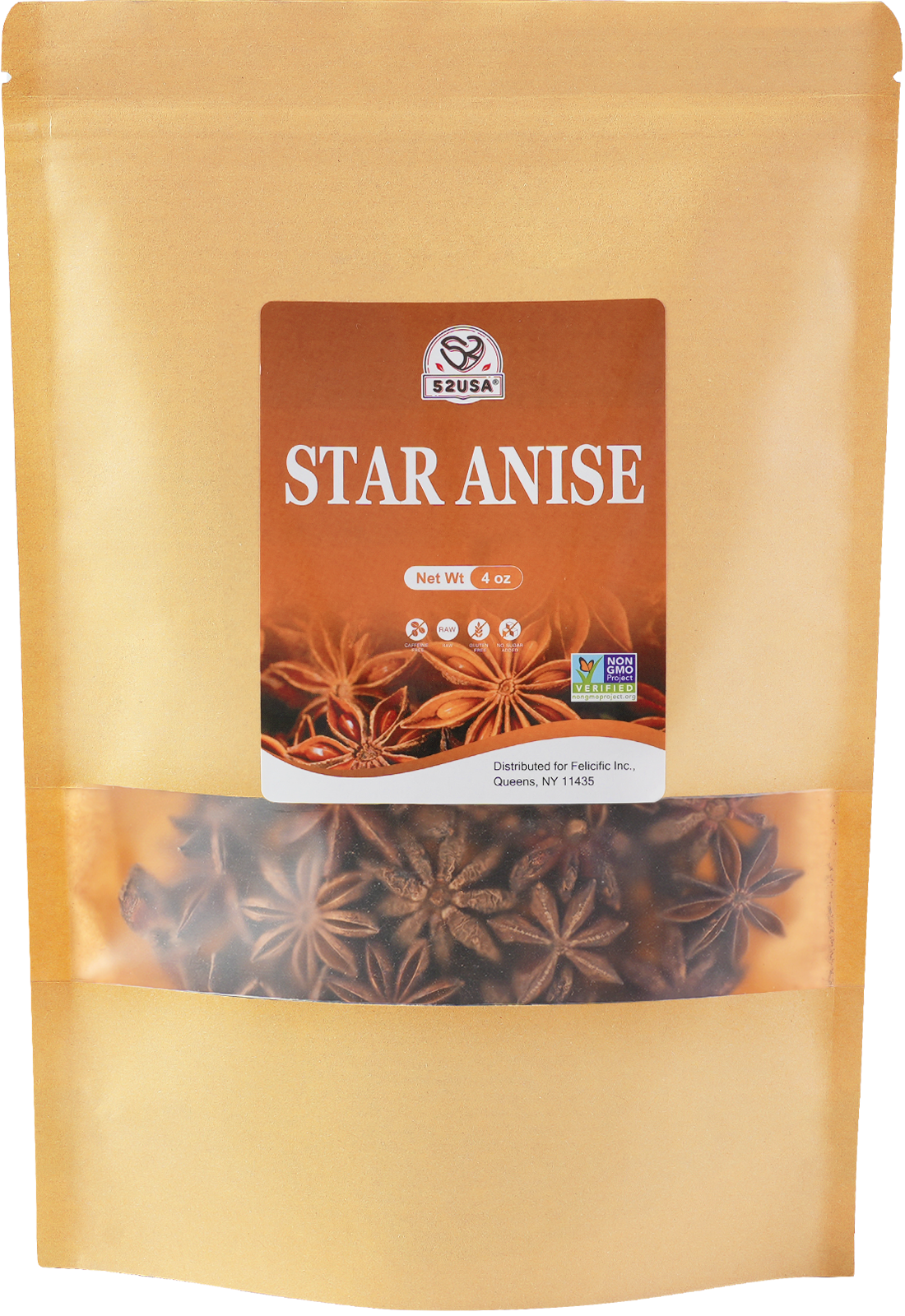 52USA Star Anise Whole, 4 Ounce (Pack of 1), NON-GMO Verified Chinese Star Anise Whole, Dried Star Anises Pods for Tea and baking