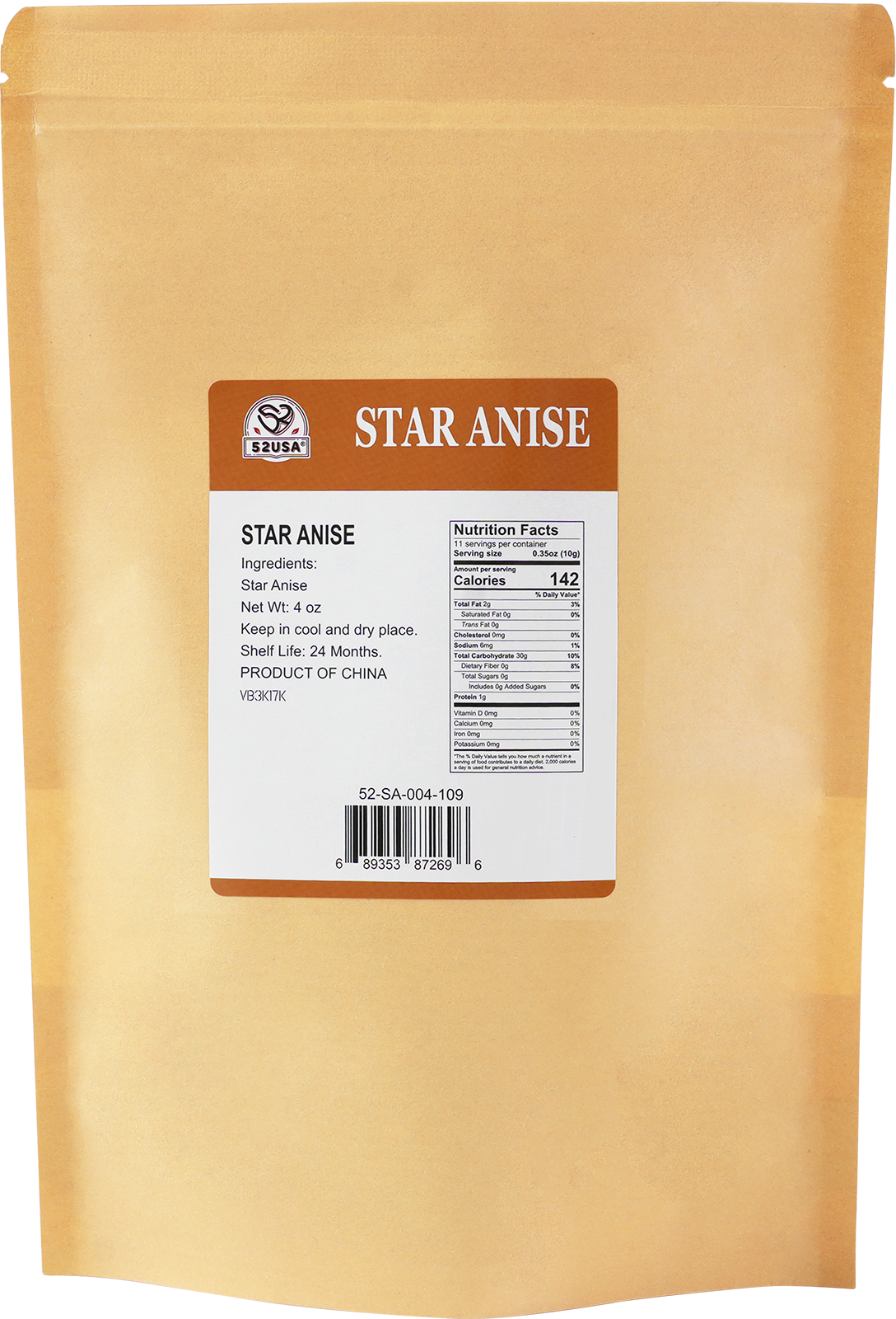 52USA Star Anise Whole, 4 Ounce (Pack of 1), NON-GMO Verified Chinese Star Anise Whole, Dried Star Anises Pods for Tea and baking