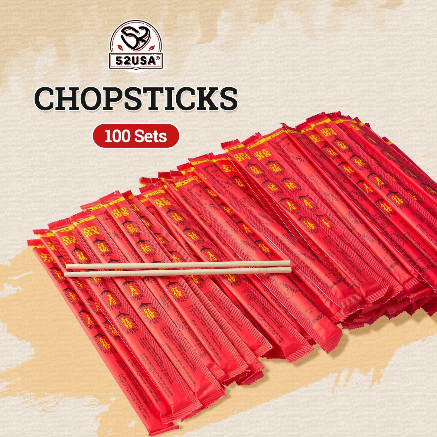 52USA Disposable Bamboo Chopsticks (100 Sets) - 9'' Long, UV Treated, Individually Wrapped Japanese and Chinese Wooden Chopsticks Bulk