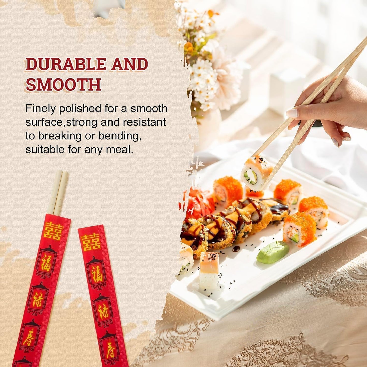 52USA Disposable Bamboo Chopsticks (500 Sets), Wooden Japanese Chopstick Bulk, 9'' Long Chopsticks Disposable, Individually Wrapped Chinese Chopstick