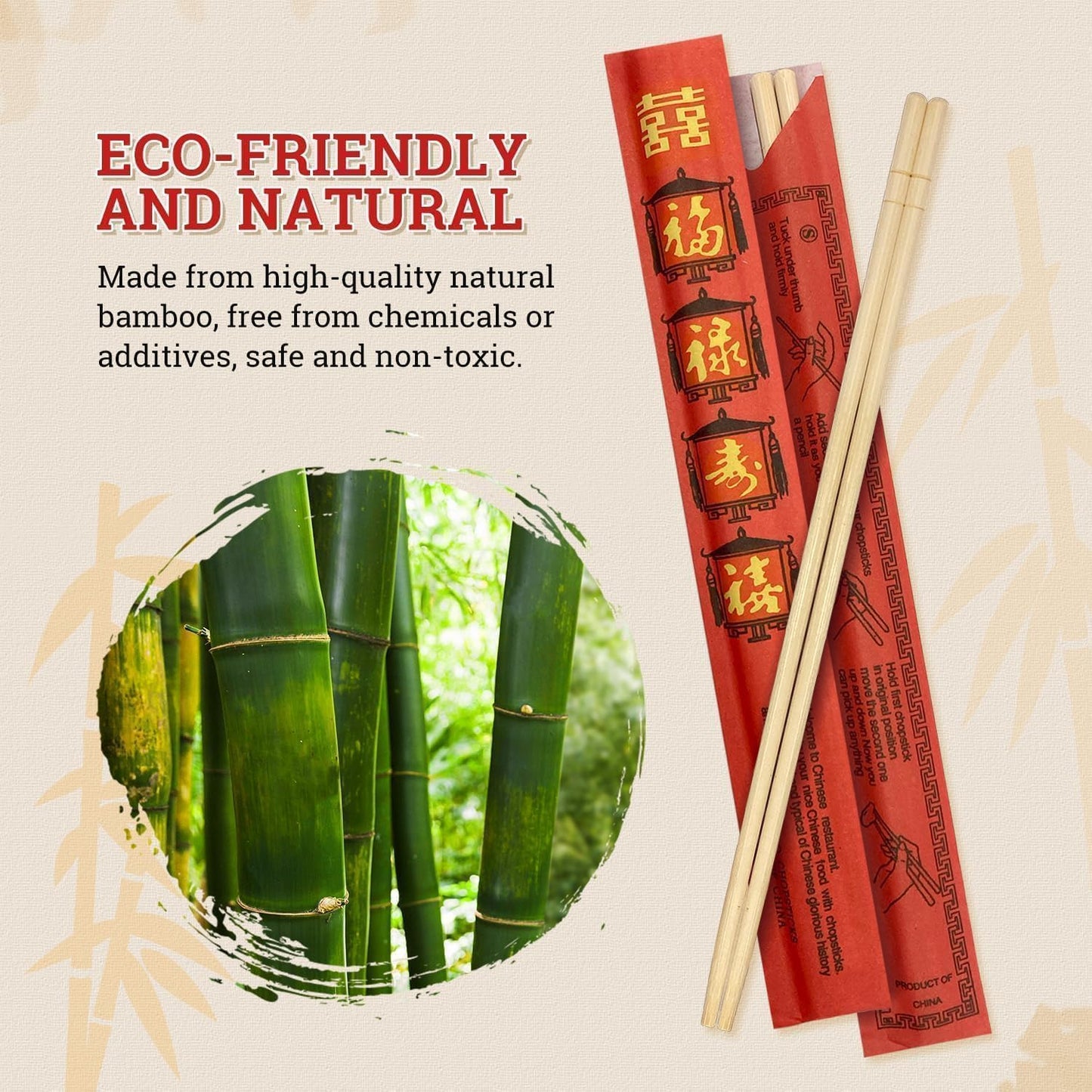 52USA Disposable Bamboo Chopsticks (500 Sets), Wooden Japanese Chopstick Bulk, 9'' Long Chopsticks Disposable, Individually Wrapped Chinese Chopstick