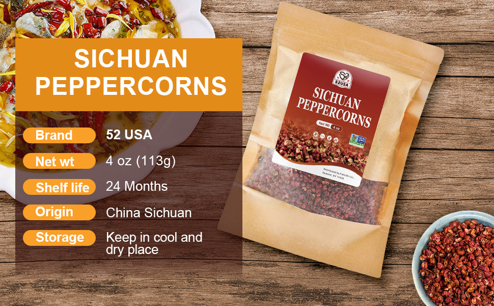 52USA Sichuan Peppercorn, Szechuan Peppercorns(4OZ), Authentic Szechuan Red Peppercorn, Less Seeds, Strong Flavor, Whole Sichuan Red Peppercorns, Tingly Numbness, Key for Mapo Tofu and Sichuan Dishes