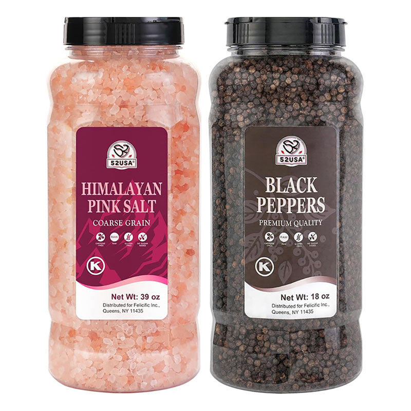 52USA Whole Black Peppercorn 18 Oz + Himalayan Pink Salt 39 Oz Coarse Grain Salt and Pepper Grinder, Black Pepper Grain Refill, Kosher, Pink Himalayan Sea Salt, 2-Piece Set