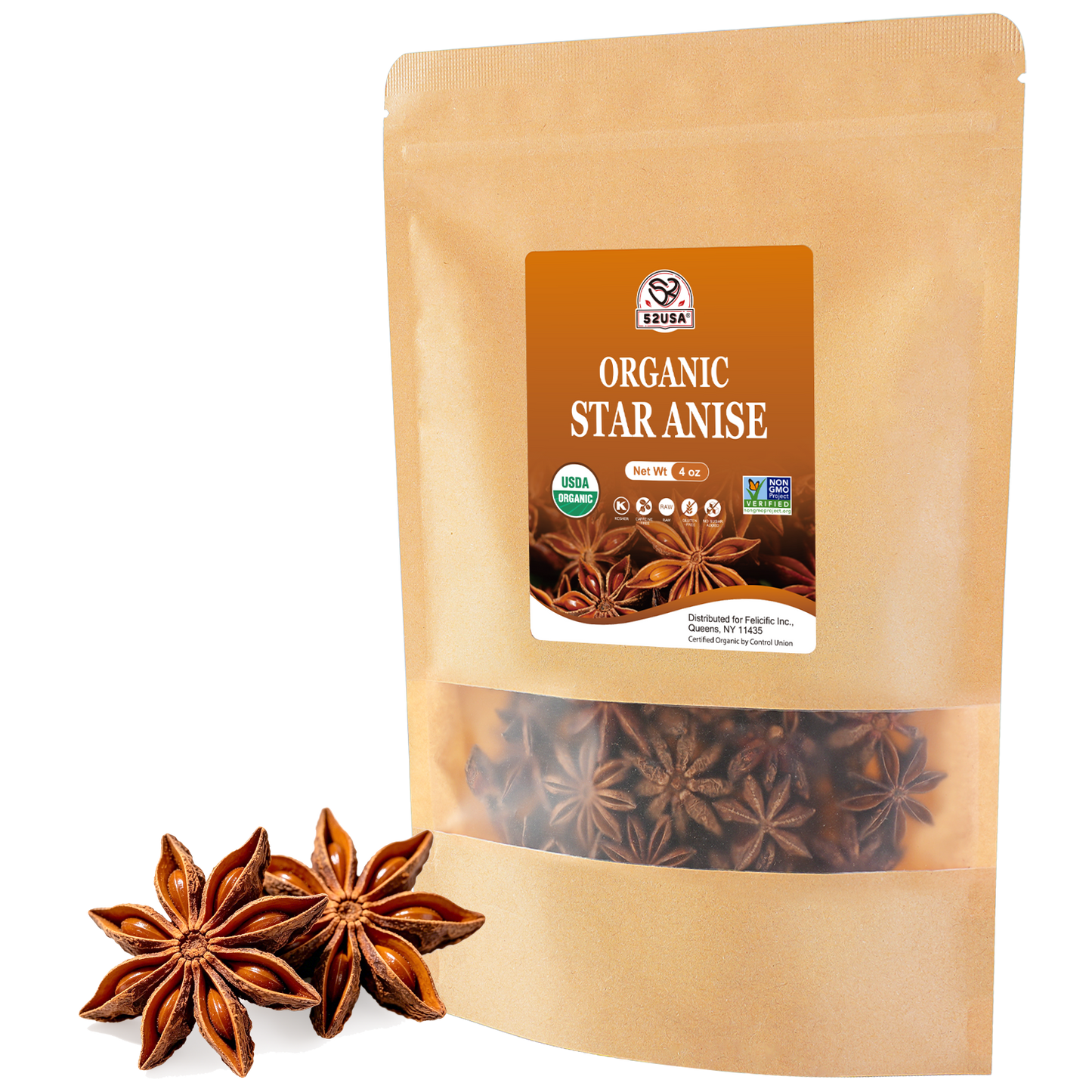 52USA Organic Star Anise - 4oz | Non-GMO, Whole Spice | Premium Quality for Cooking, Baking & Tea | Natural Flavor & Aroma