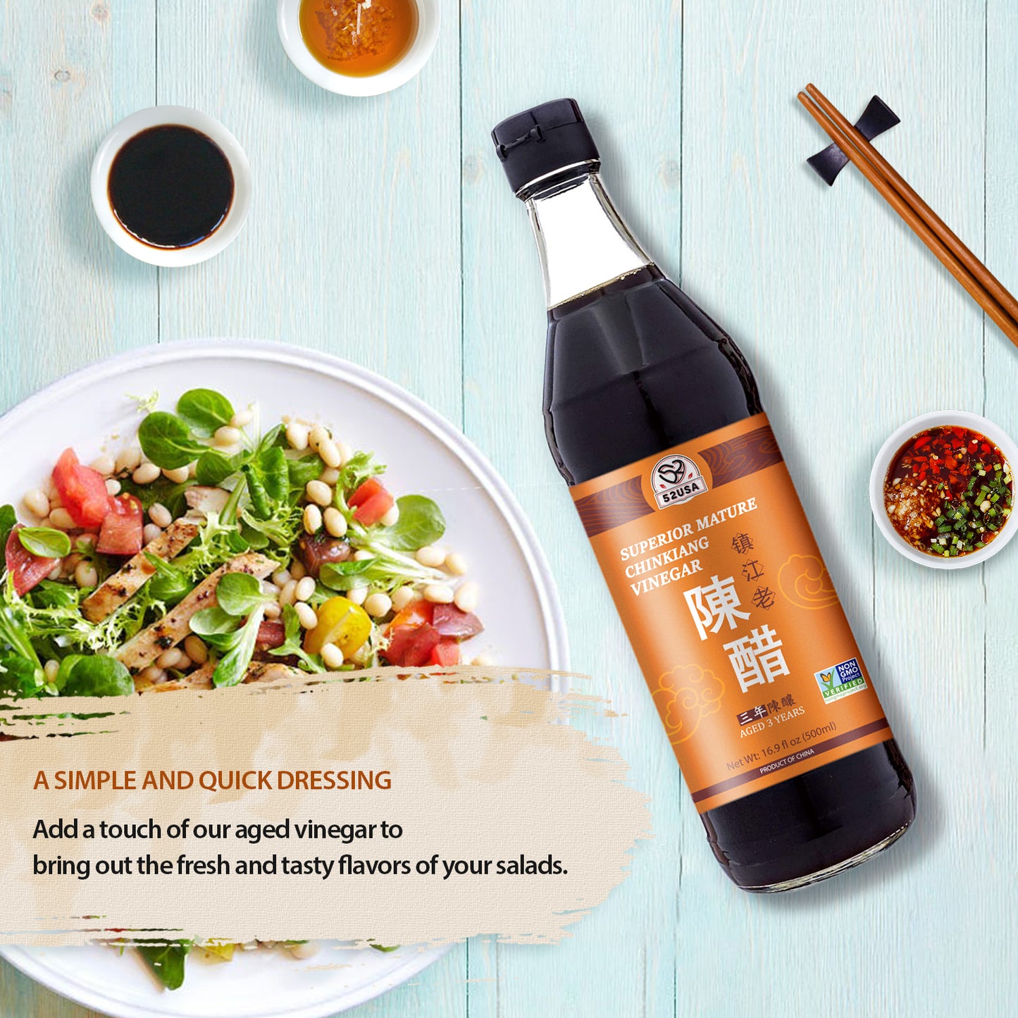 52USA Chinkiang Vinegar 16.9 fl oz (500ml), 3 Years Mature Aged Black Rice Vinegar, Chinese Black Vinegar, Zhenjiang Vinegar. Non-GMO Project Verified Vinegar
