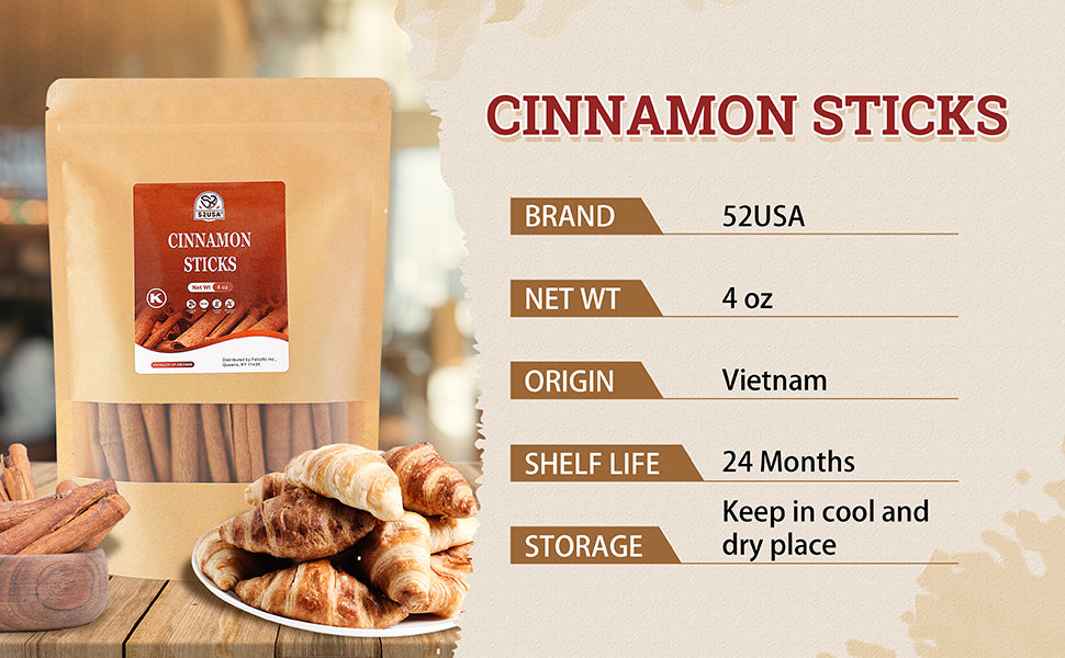 52USA Cinnamon Sticks, Cinnamon 4 oz (113g), Whole Cinnamon Sticks, 100% Raw, Kosher Certified, Gluten Free, Pure & Fresh Cinnamon, Perfect for Baking, Cooking & Beverages