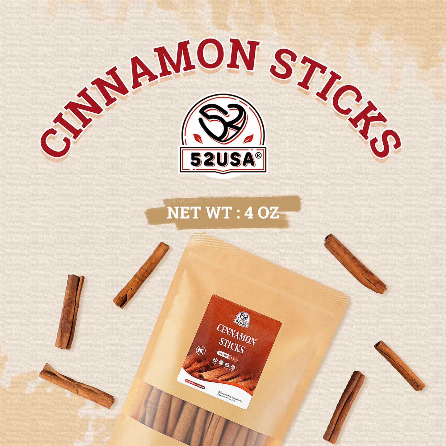 52USA Cinnamon Sticks, Cinnamon 4 oz (113g), Whole Cinnamon Sticks, 100% Raw, Kosher Certified, Gluten Free, Pure & Fresh Cinnamon, Perfect for Baking, Cooking & Beverages