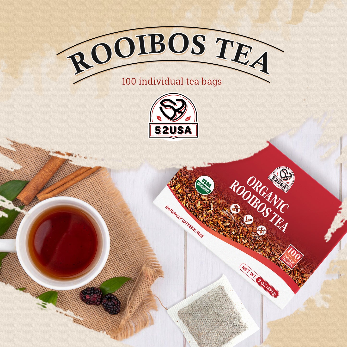 52USA Organic Rooibos Tea, 100 Bags