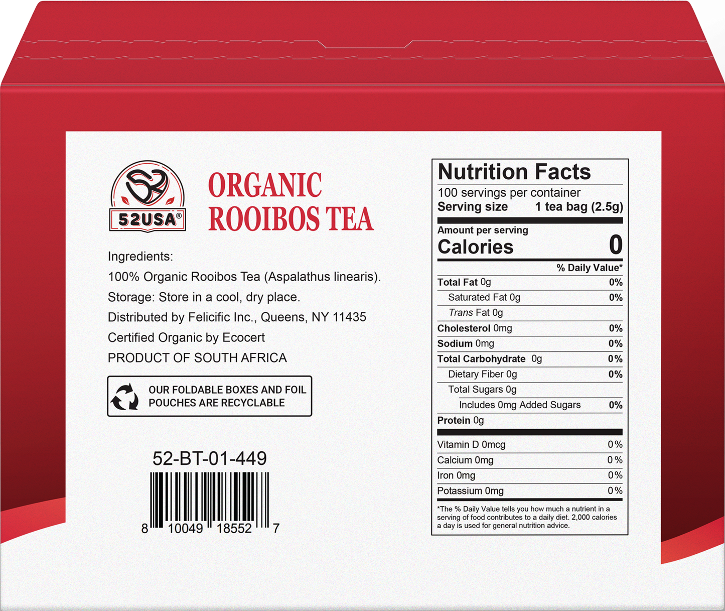 52USA Organic Rooibos Tea, 100 Bags