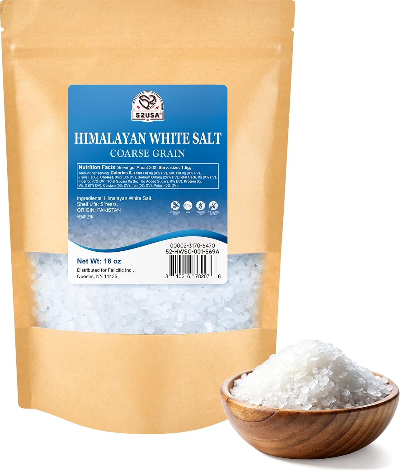 52USA Himalayan White Salt Coarse Grain, 1lb