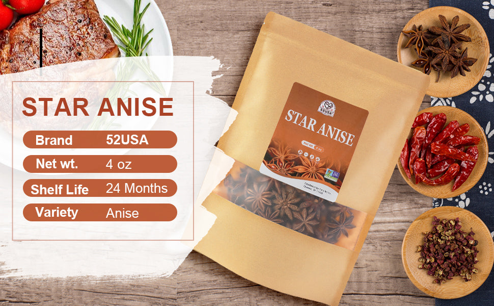 52USA Star Anise Whole, 4 Ounce (Pack of 1), NON-GMO Verified Chinese Star Anise Whole, Dried Star Anises Pods for Tea and baking